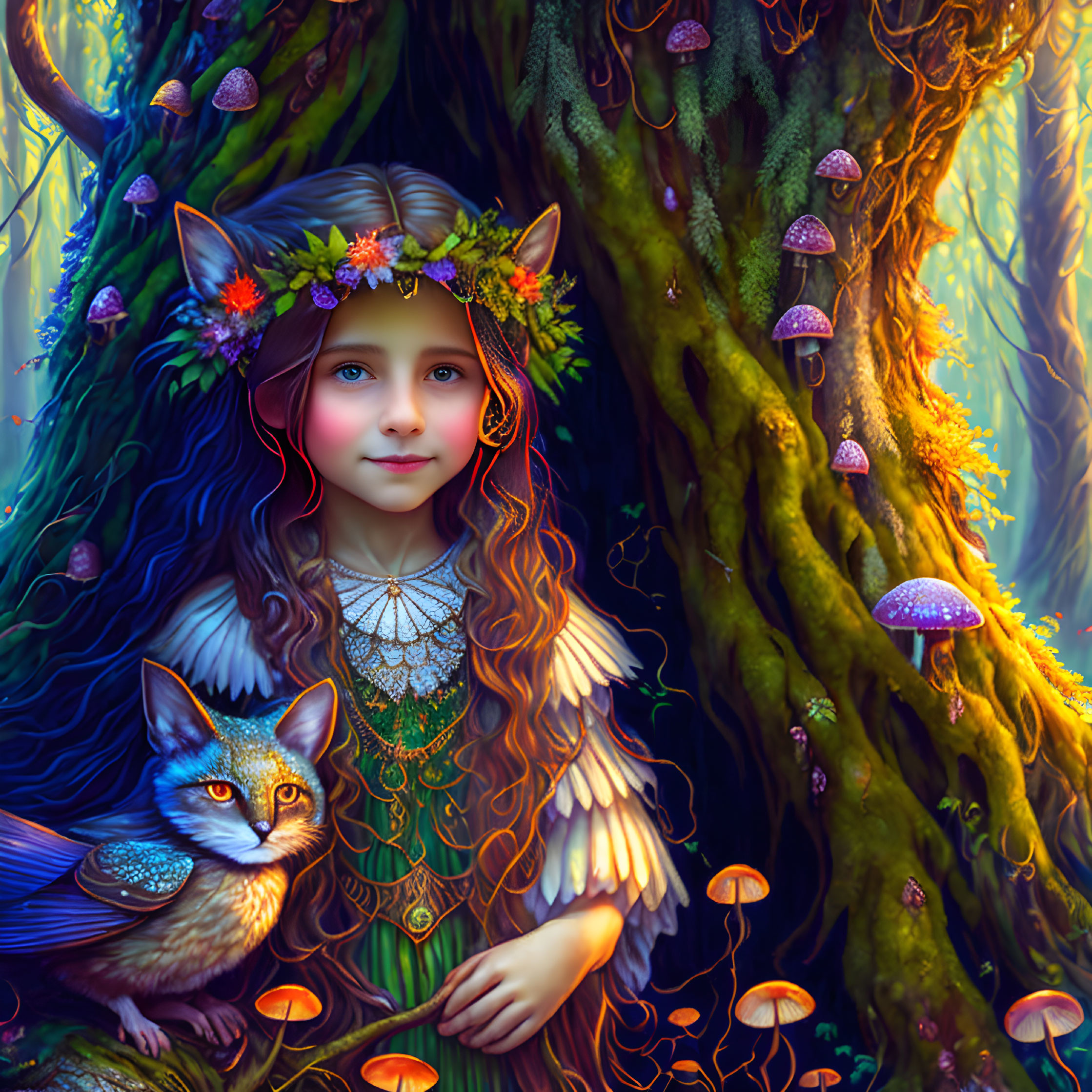 Illustration of girl with floral crown and winged fox in enchanted forest