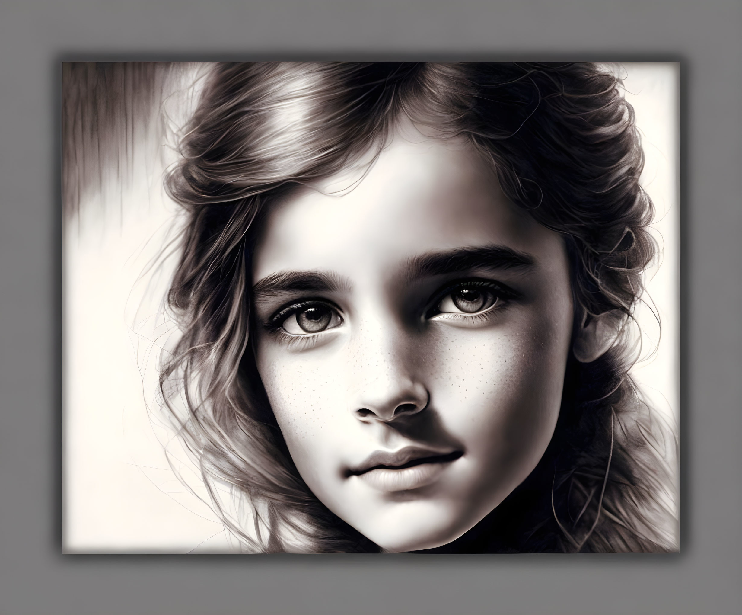 Young girl monochrome portrait with wavy hair and captivating eyes