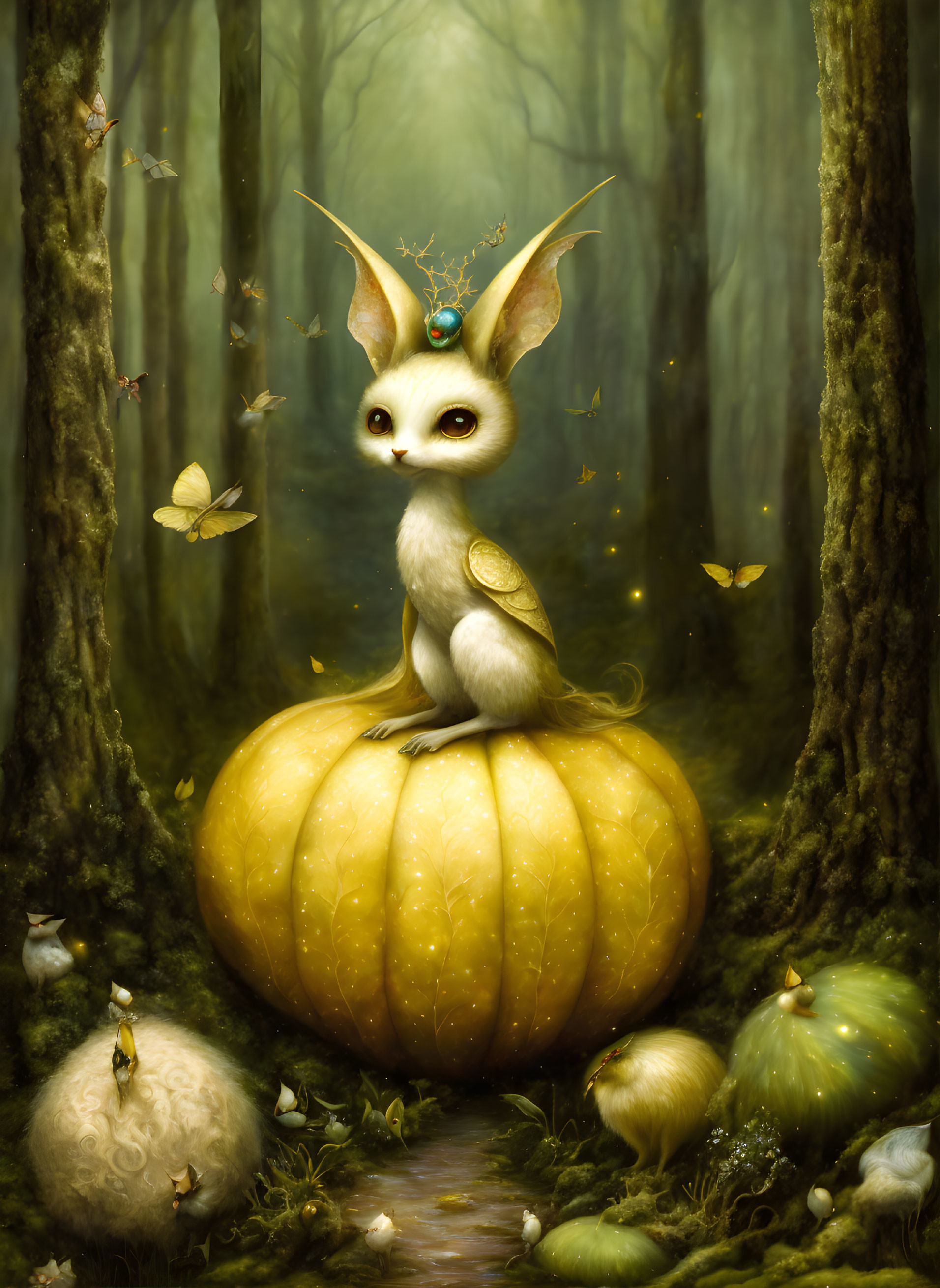 Whimsical creature on pumpkin with butterflies in enchanted forest