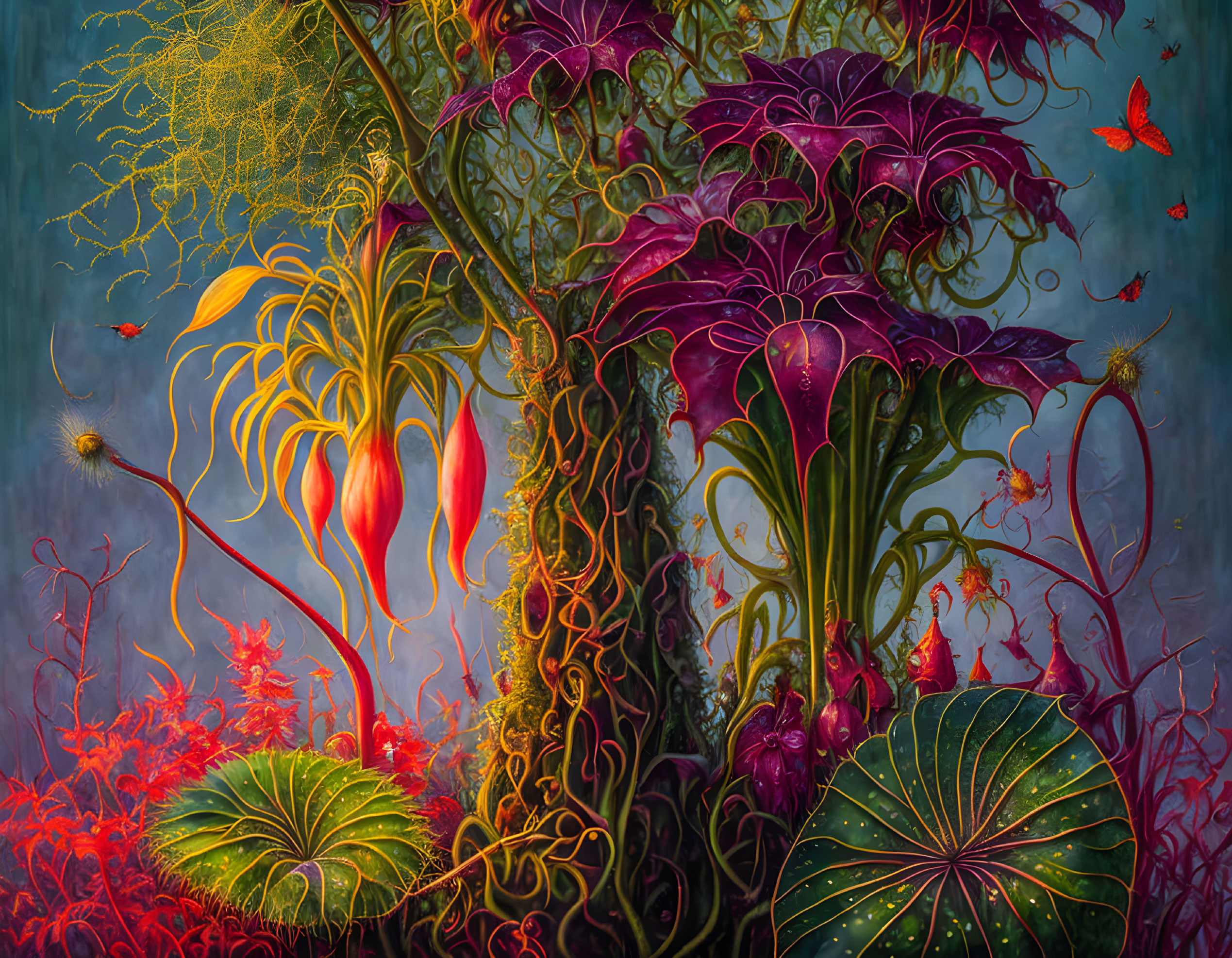 Colorful painting of exotic plants and butterflies in a mysterious garden