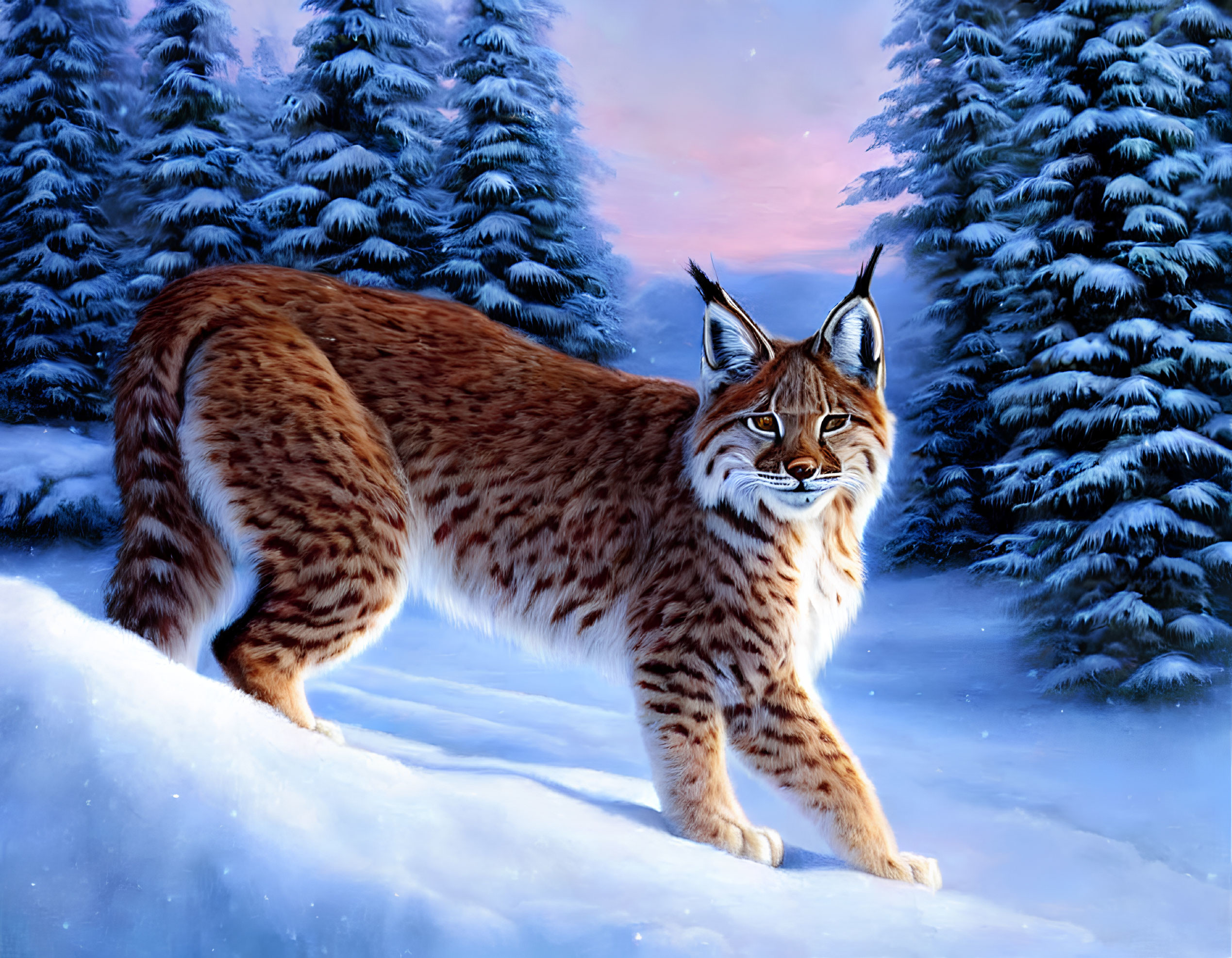 Lynx in Snowy Forest at Dusk with Ear Tufts and Piercing Eyes