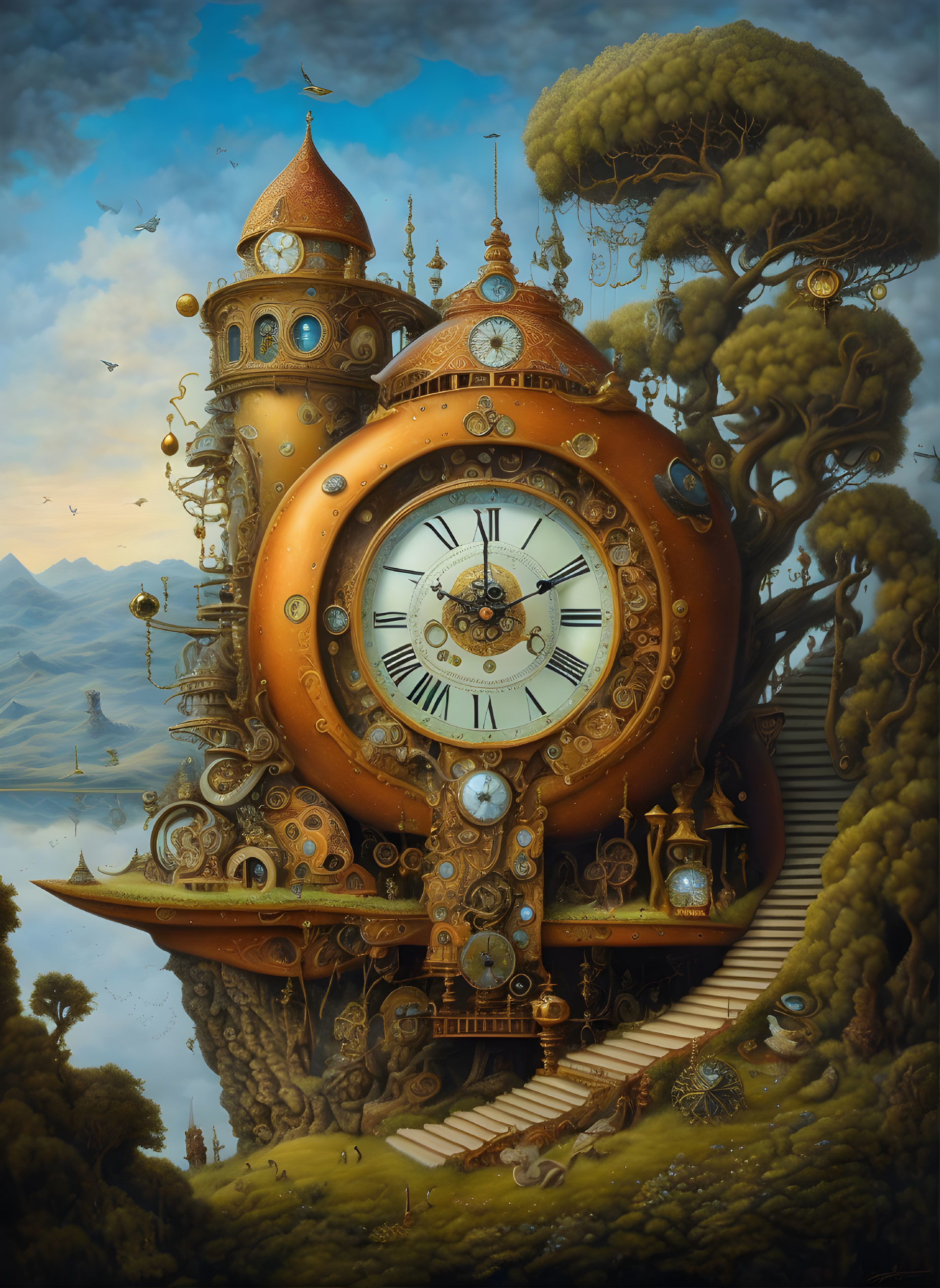 Fantastical clock tower painting with steampunk landscape