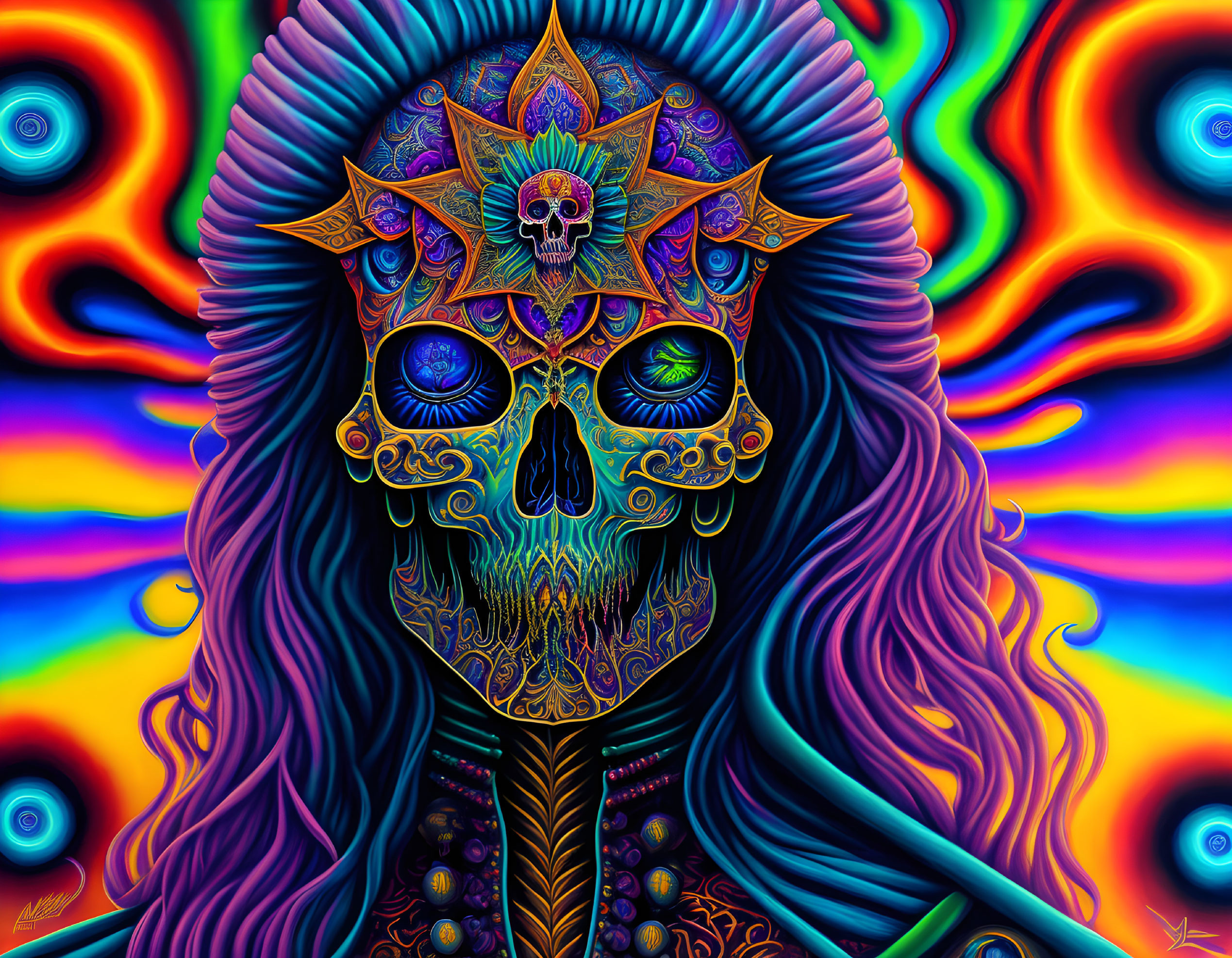 Colorful Psychedelic Skull Artwork with Star Motif on Swirling Background