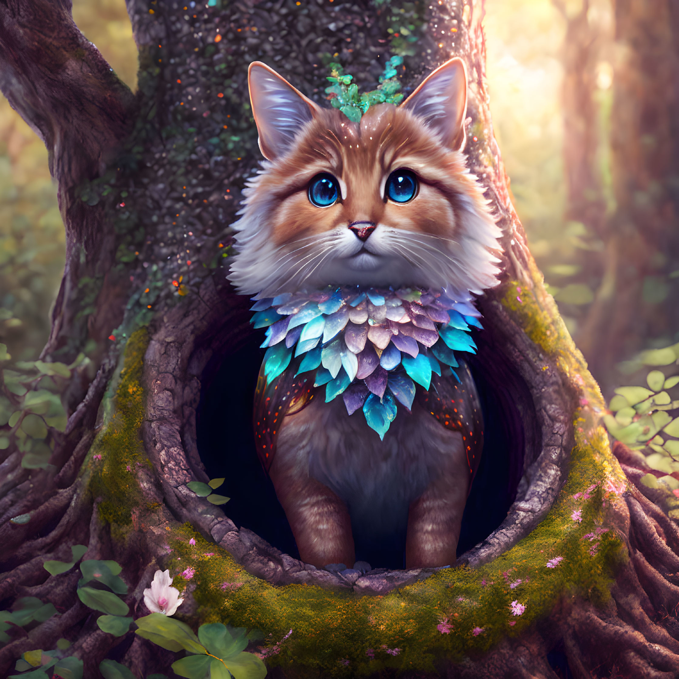 Colorful Cat with Blue Eyes in Magical Forest Setting