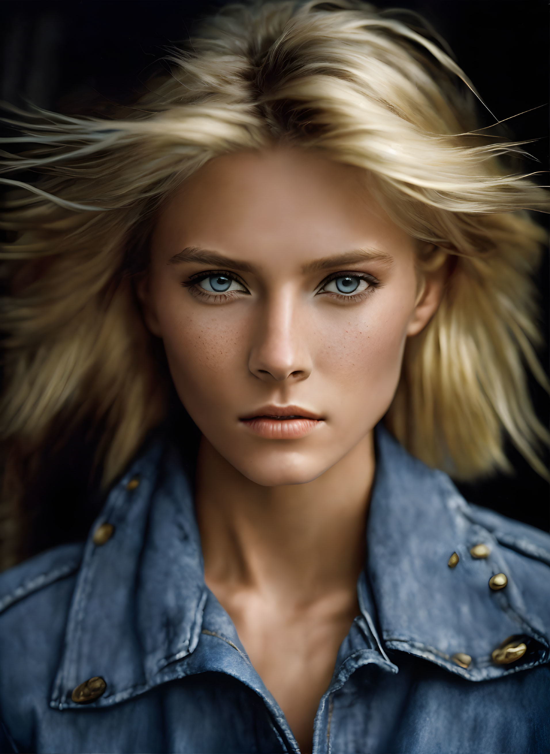 Portrait of Woman with Blonde Hair, Blue Eyes, and Denim Jacket