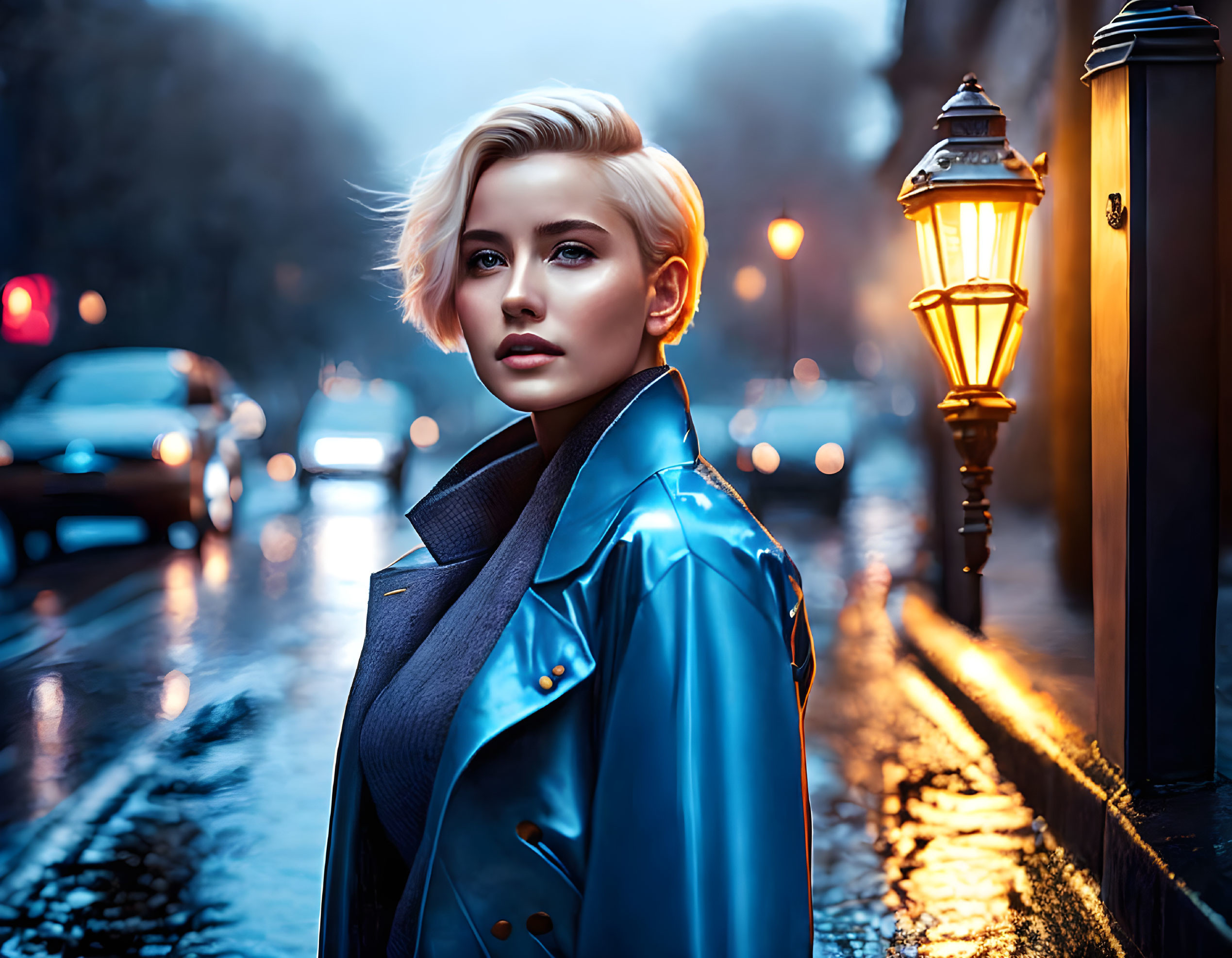 Blond woman in blue leather jacket on wet city street at twilight