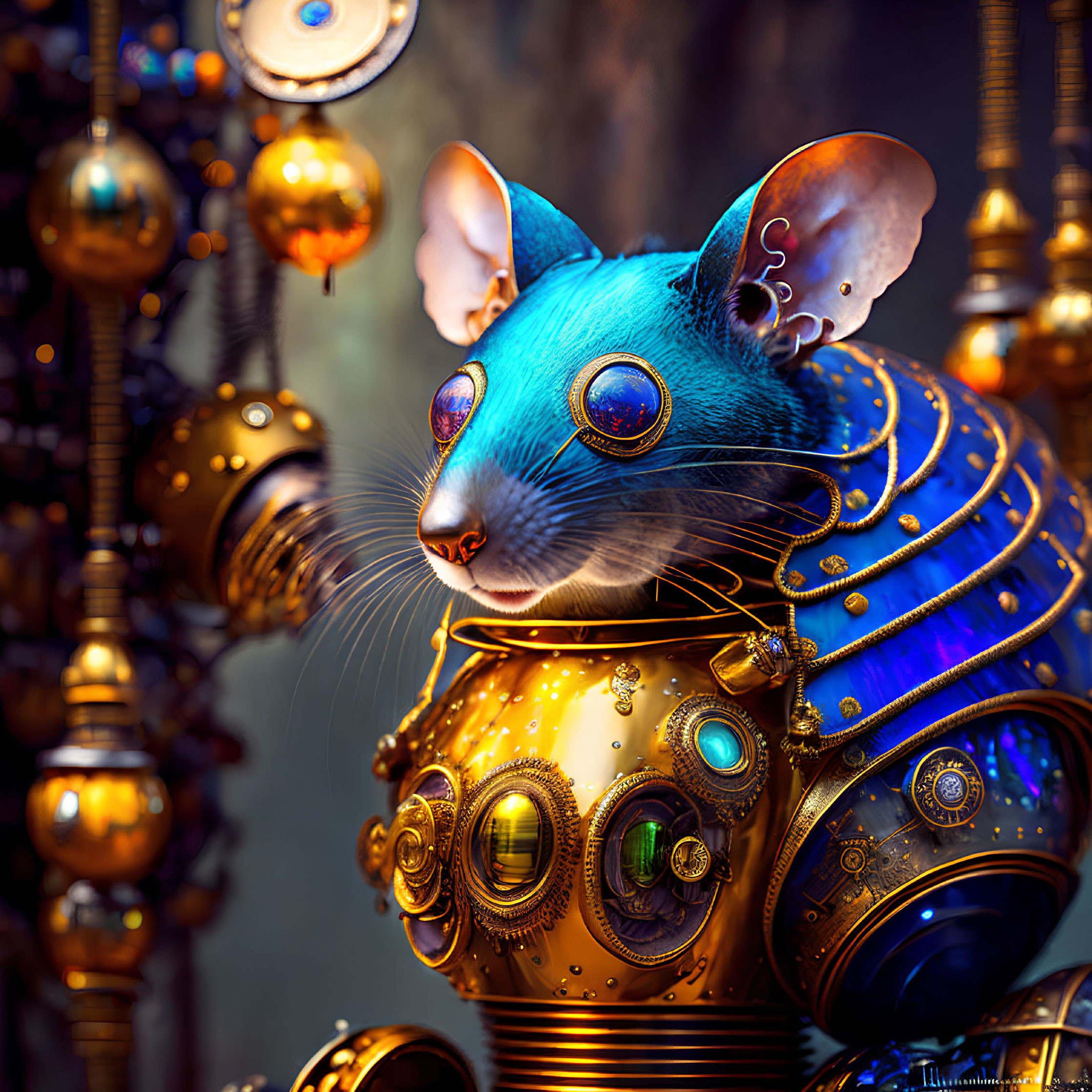 Detailed Steampunk Robotic Mouse Illustration in Gold and Blue