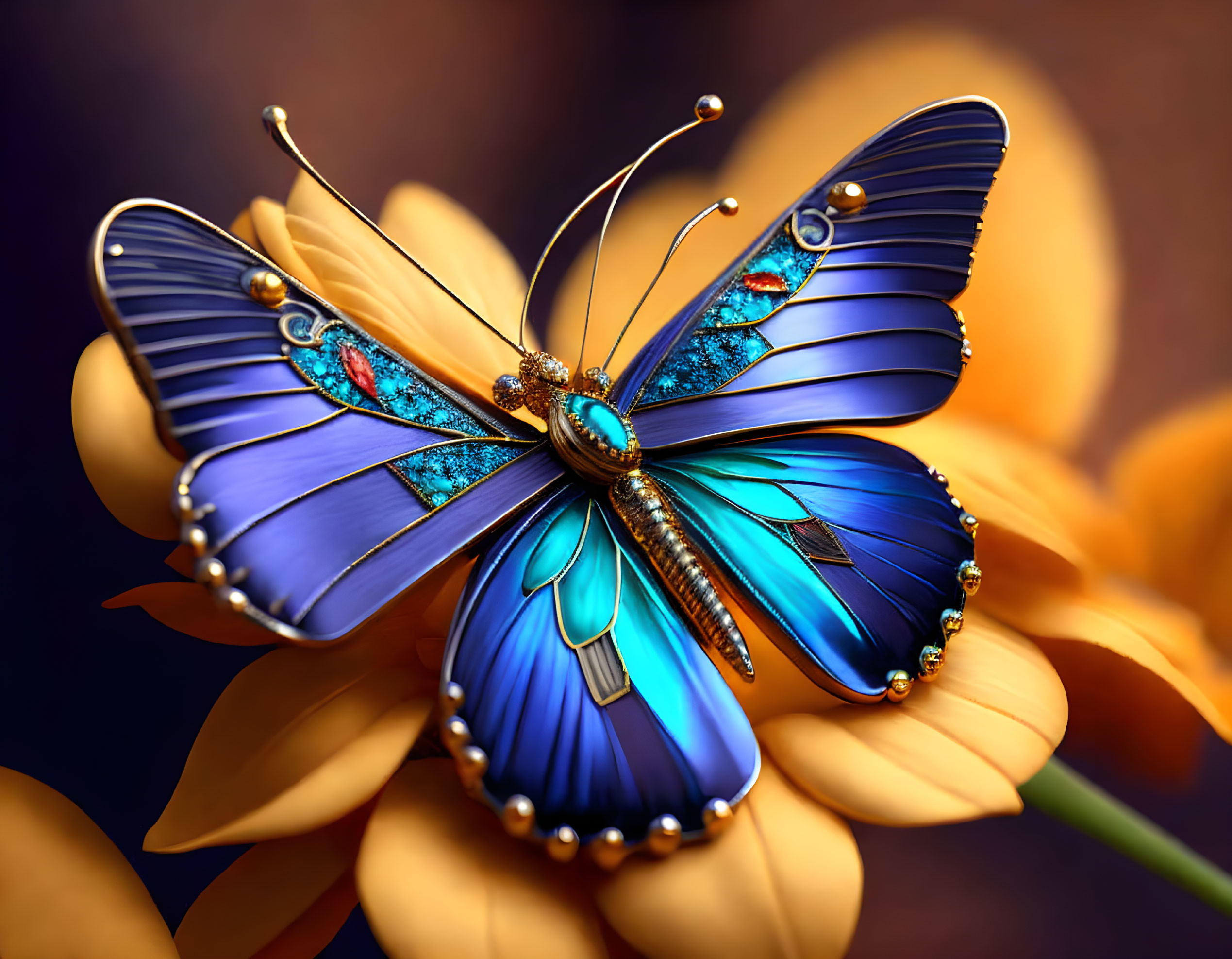 Colorful digital artwork: stylized butterfly with blue wings on golden flower