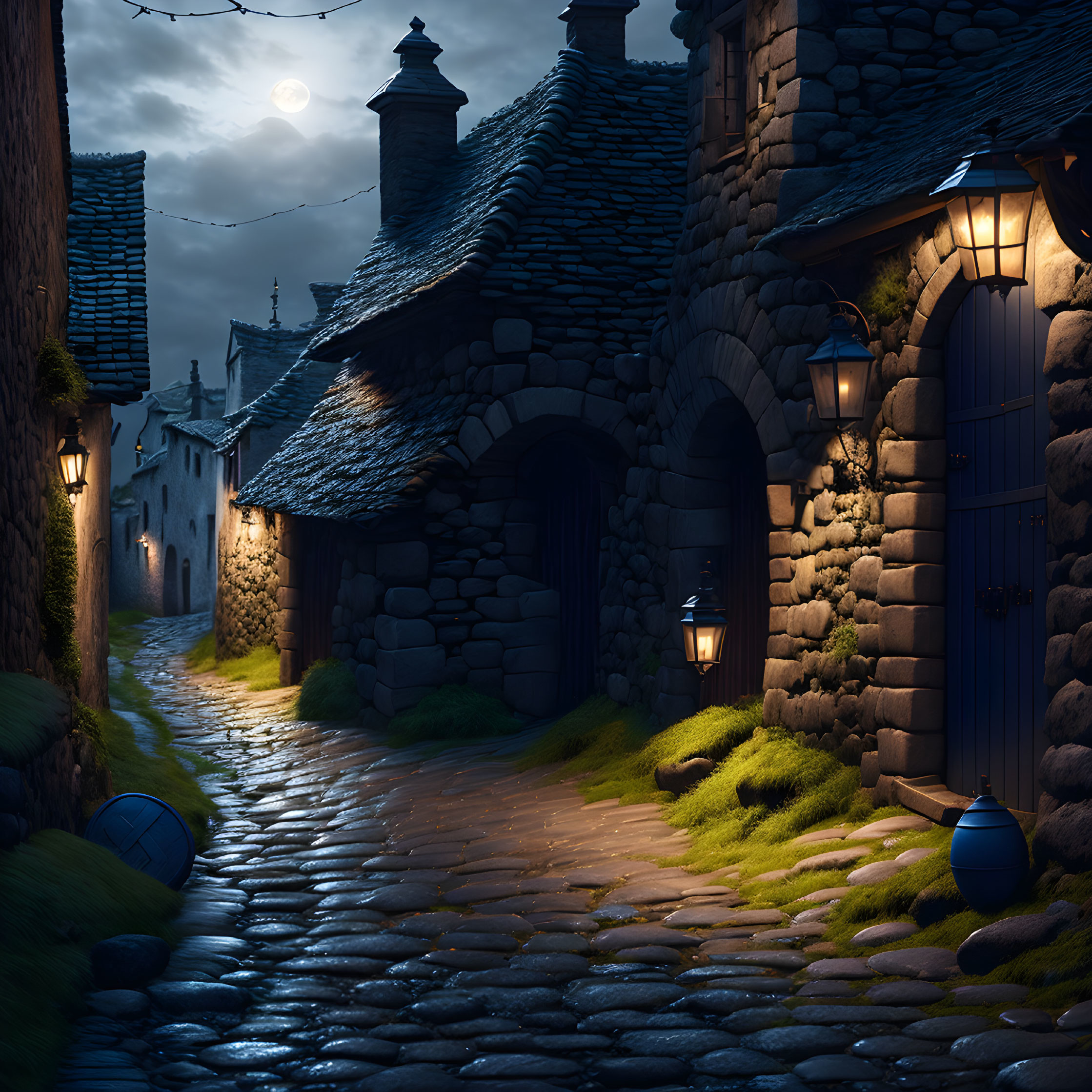 Medieval cobblestone alley with blue doors at night