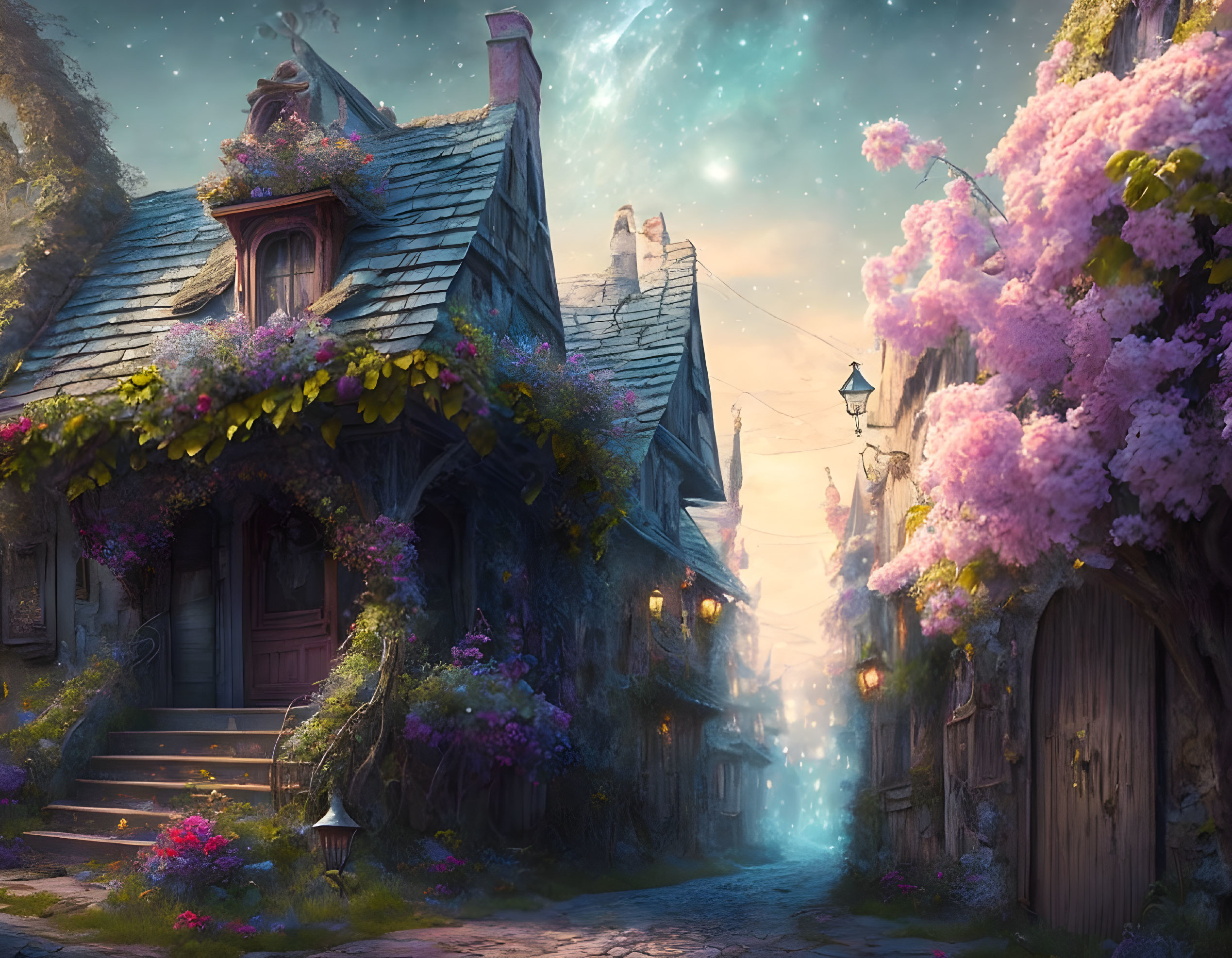 Whimsical cottage with flowering vines under starry sky