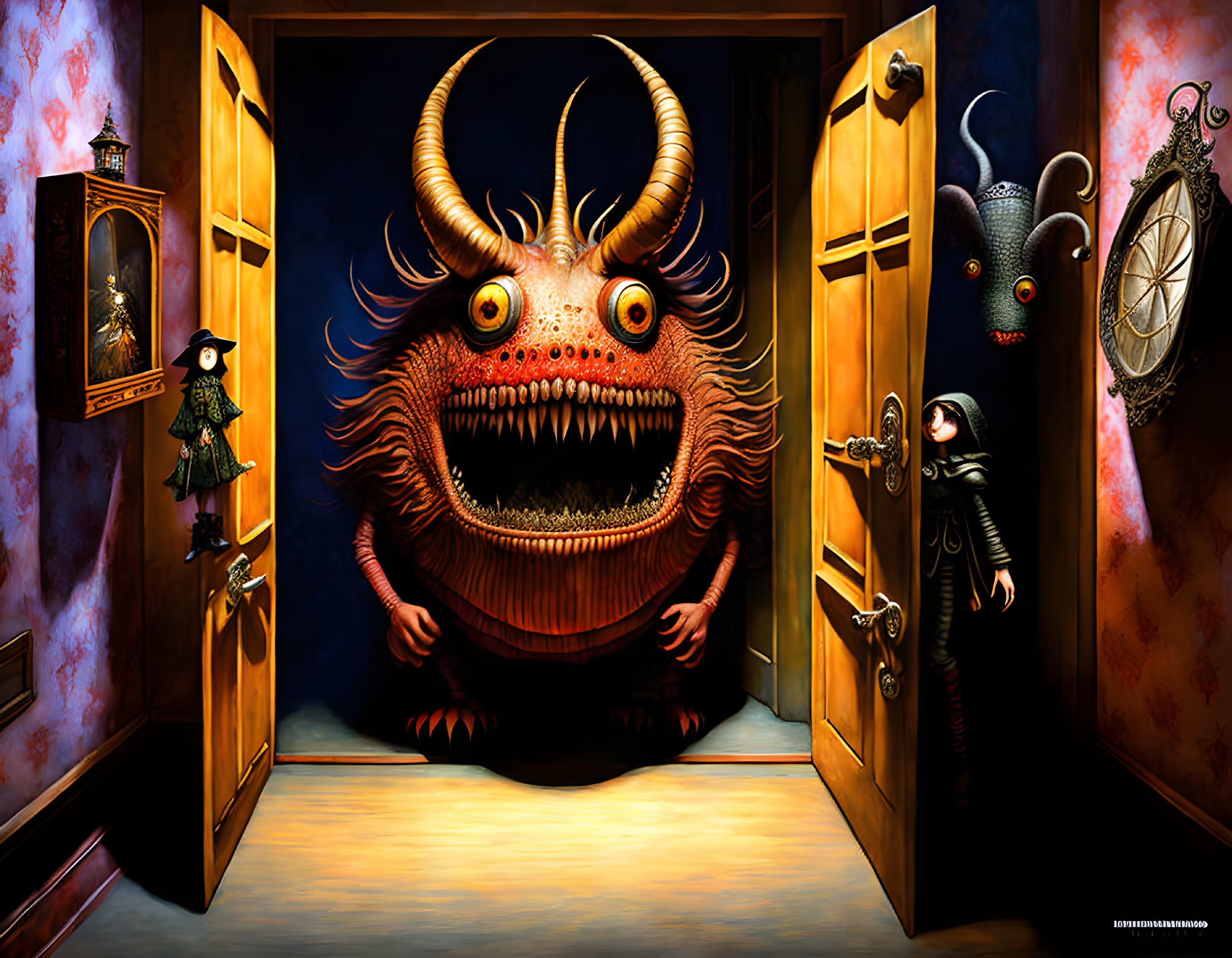 Surreal artwork: Open closet with horned monster, smaller creatures, patterned wallpaper, hanging