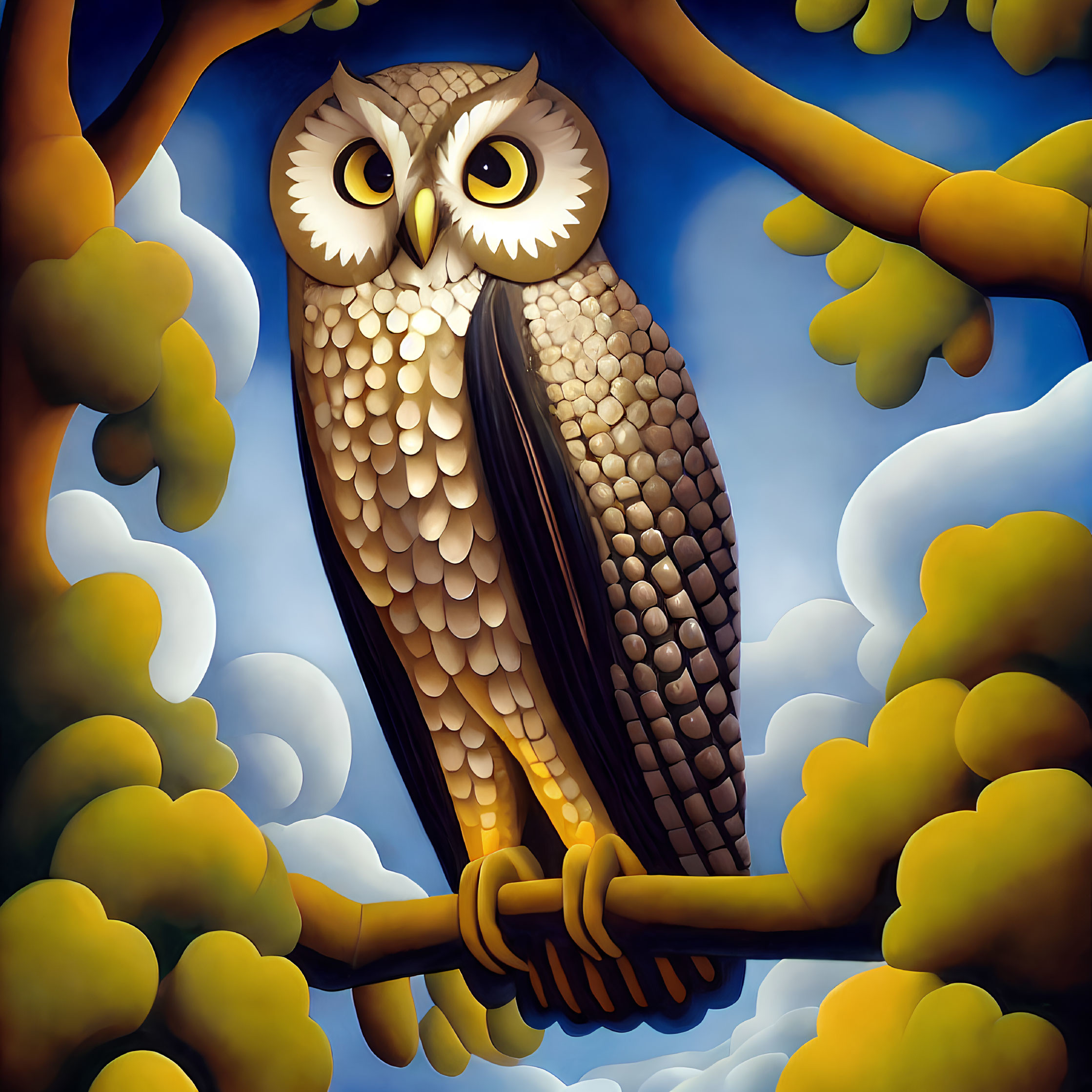 Stylized owl perched on branch against blue sky and foliage