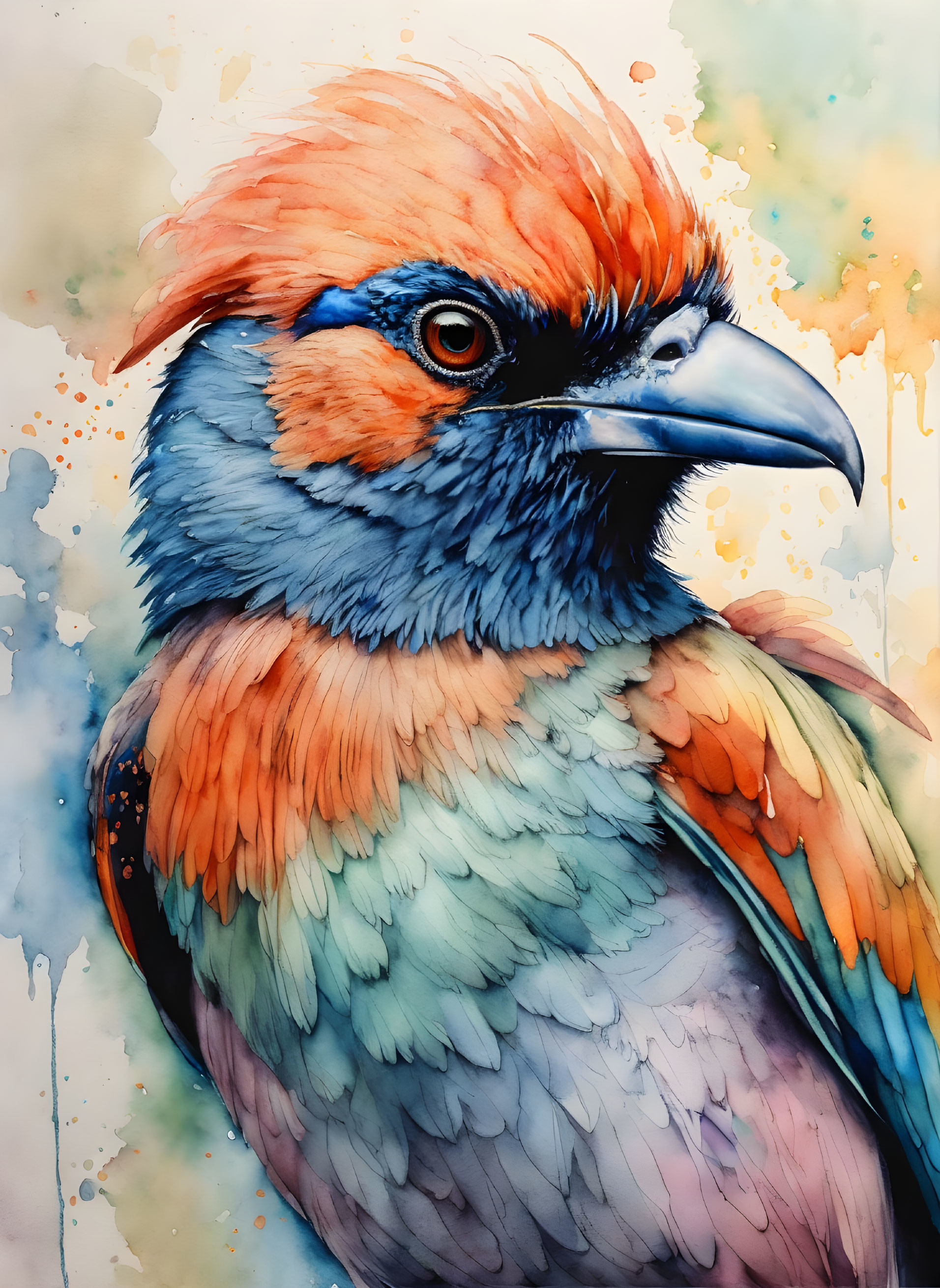 Colorful Bird Watercolor Painting with Orange Crest and Teal Feathers