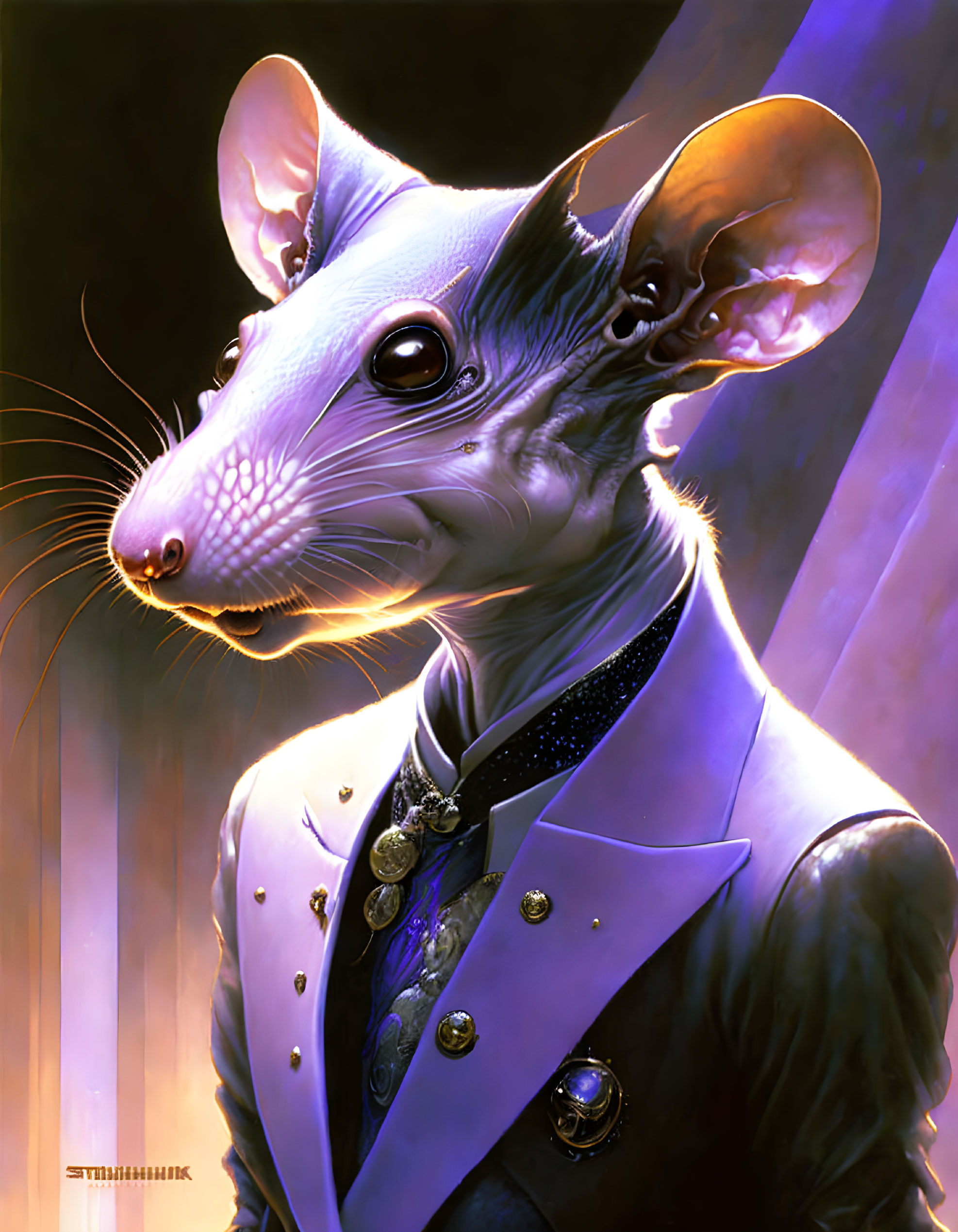 Anthropomorphic rat in purple coat on striped background