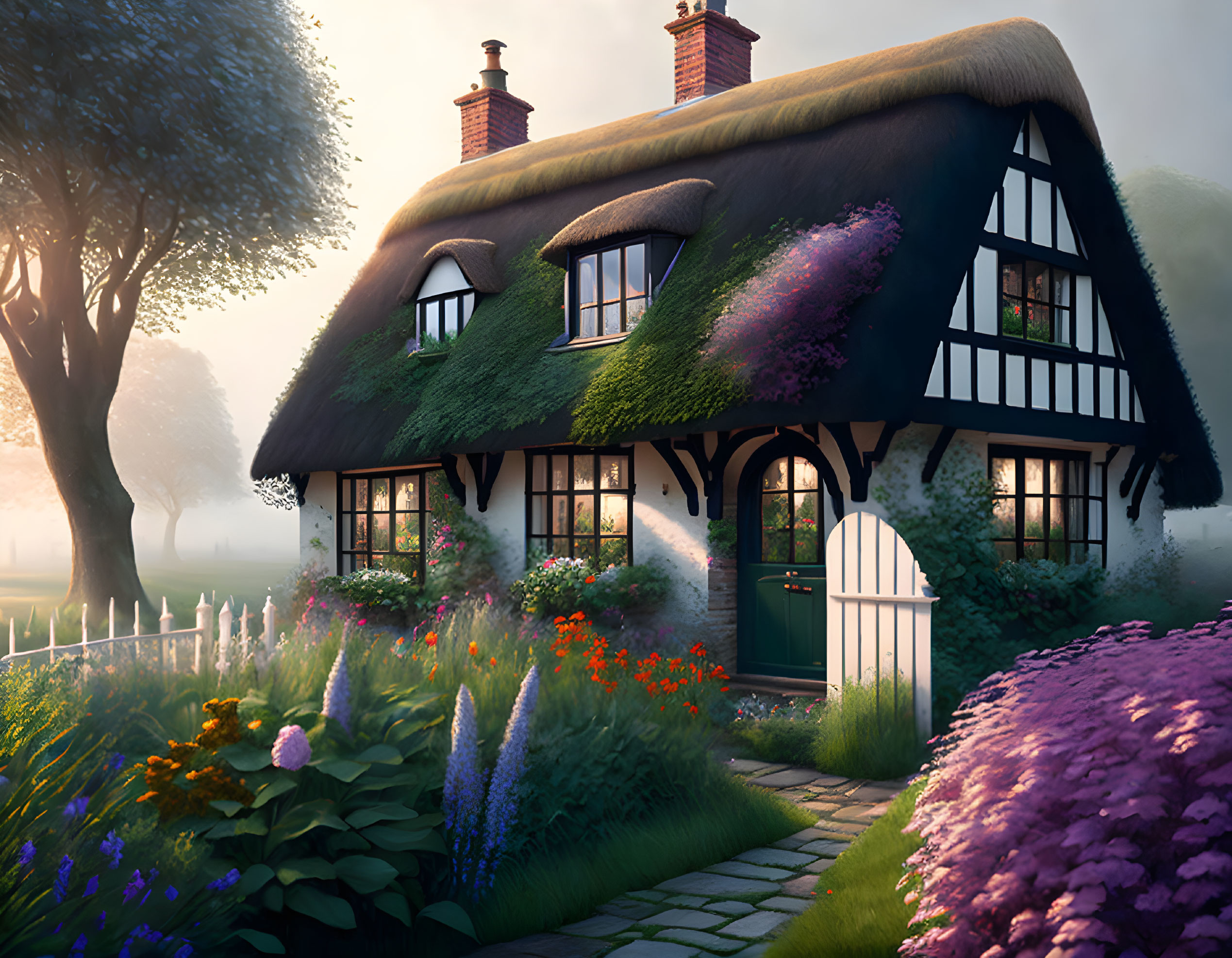 Thatched-roof cottage with flowers and greenery at misty sunrise