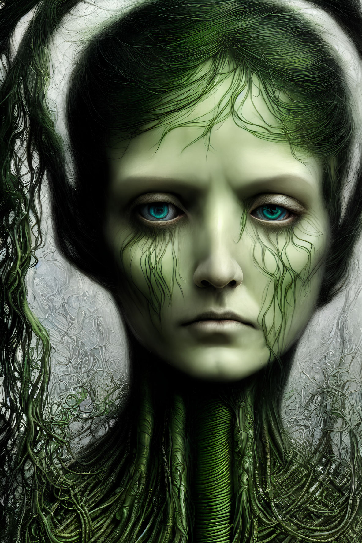 Digital artwork of pale figure with blue eyes, green skin, vine-like details