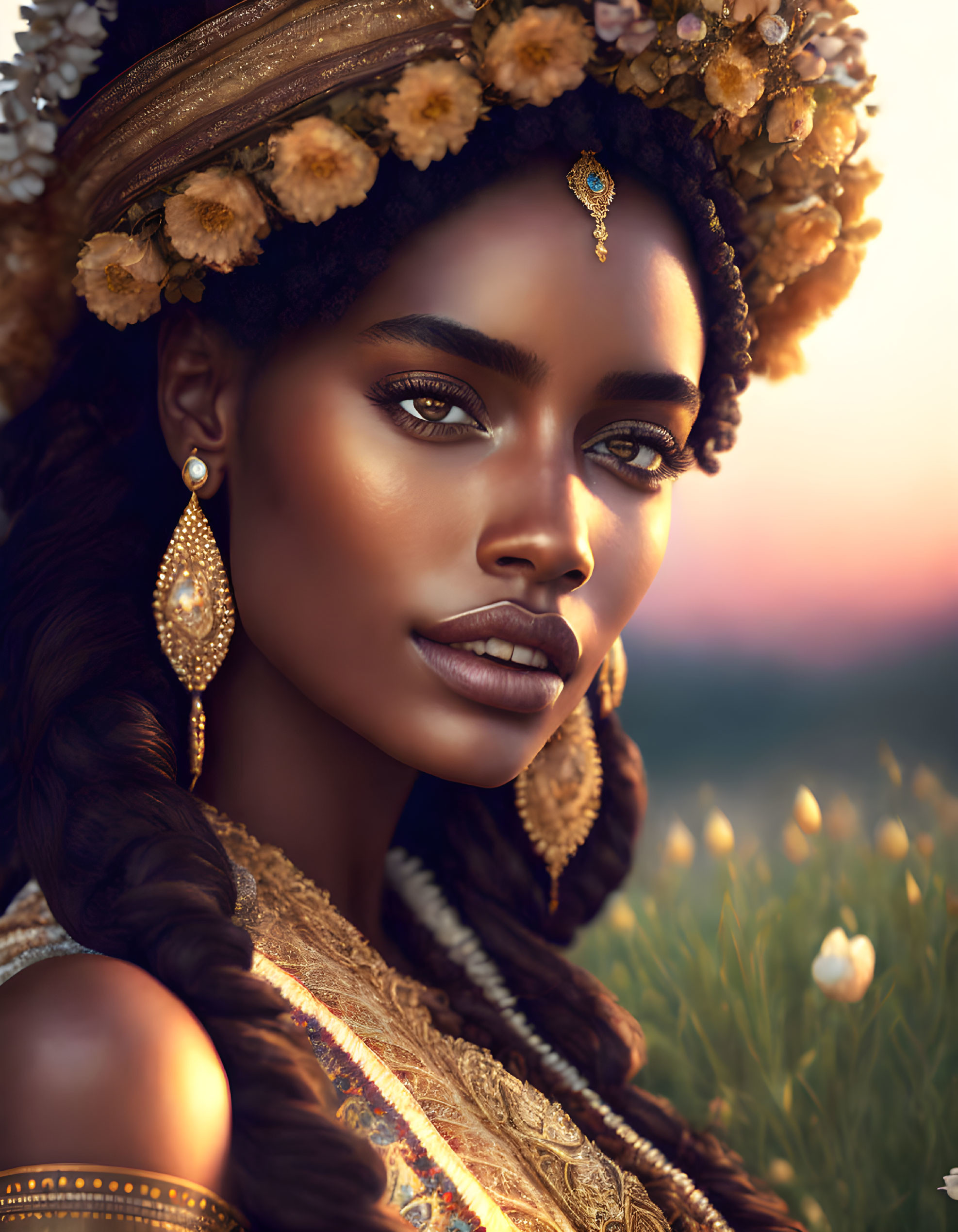 Woman with floral headpiece and gold jewelry in sunset field