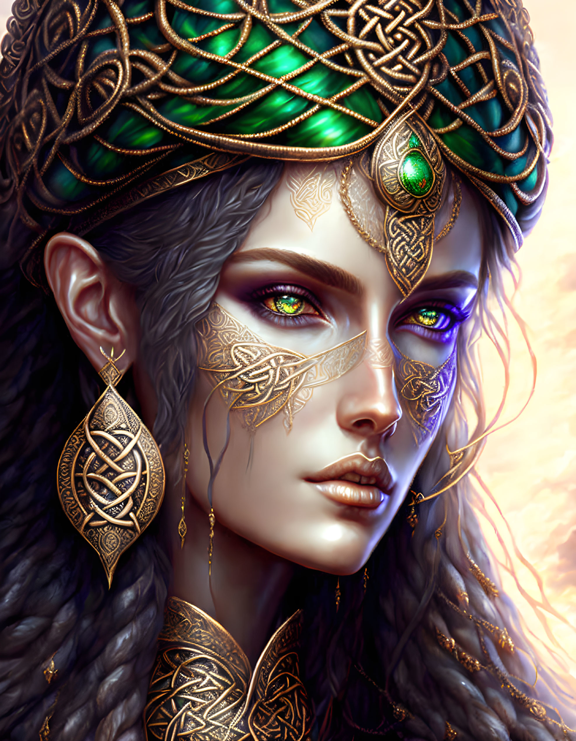 Illustrated female with Celtic-inspired details and regal crown.