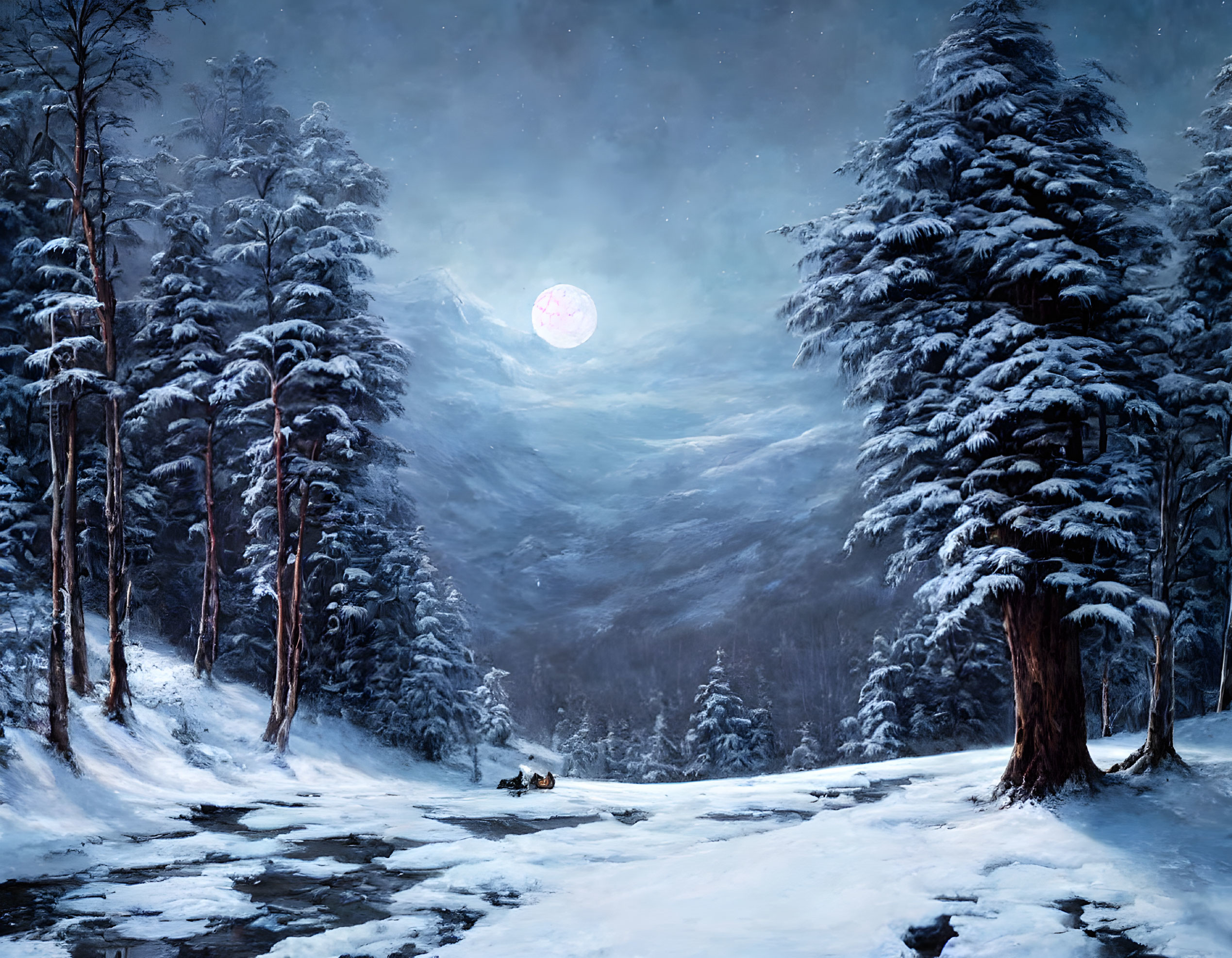 Nighttime snowscape with evergreens, river, and moonlit valley.