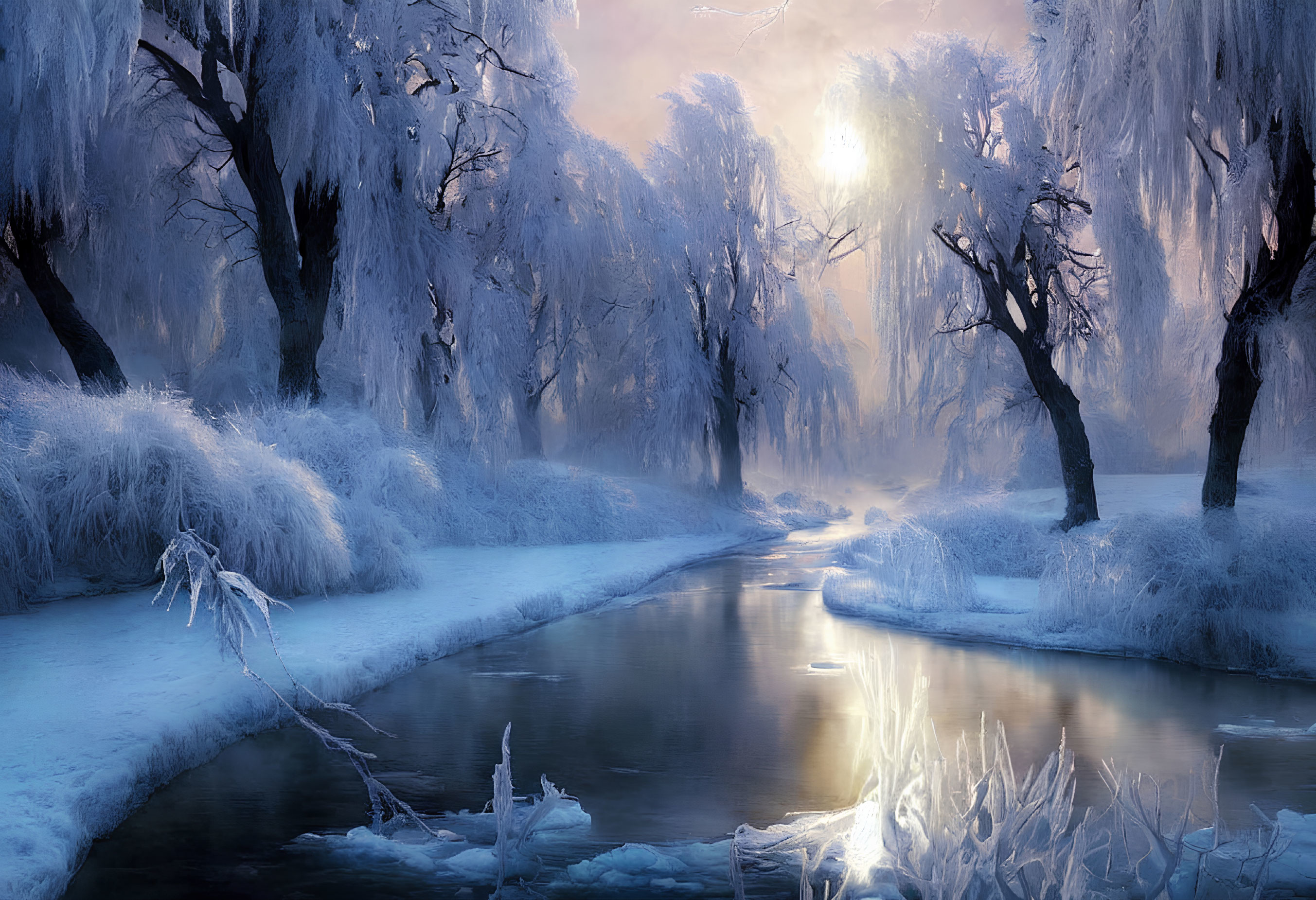 Tranquil winter landscape with frost-covered trees and reflective river