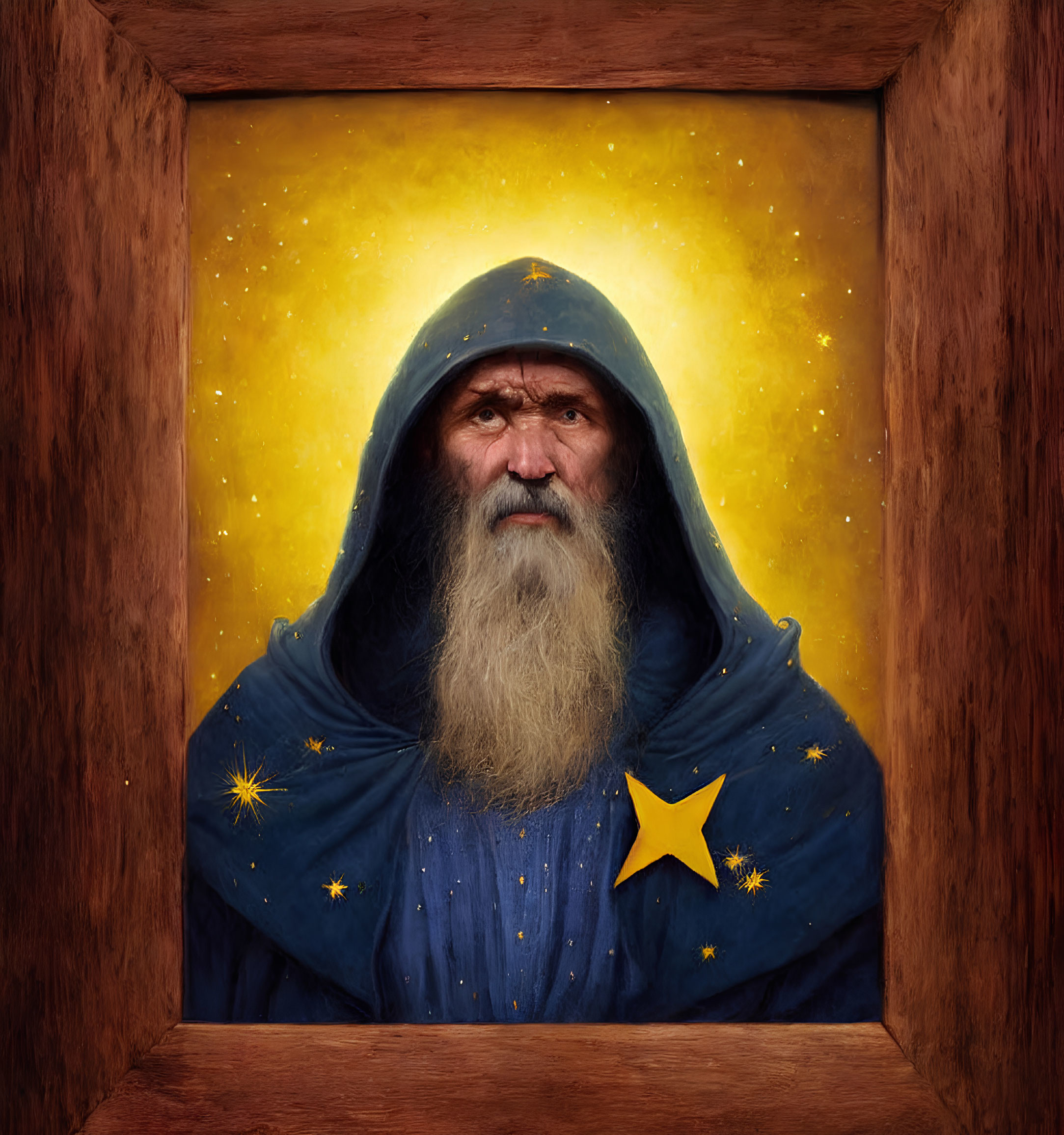 Elderly Bearded Man in Starry-Hooded Cloak on Golden Background