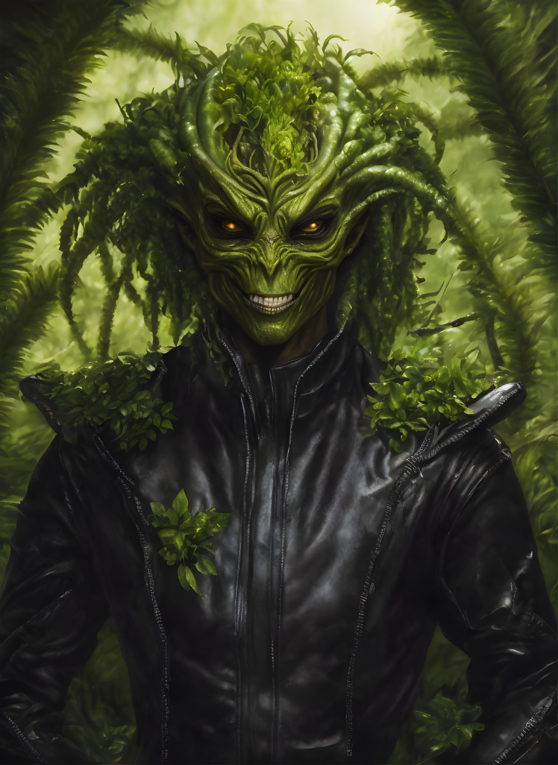 Sinister figure with green plant-like face in black leather jacket emerging from dense foliage