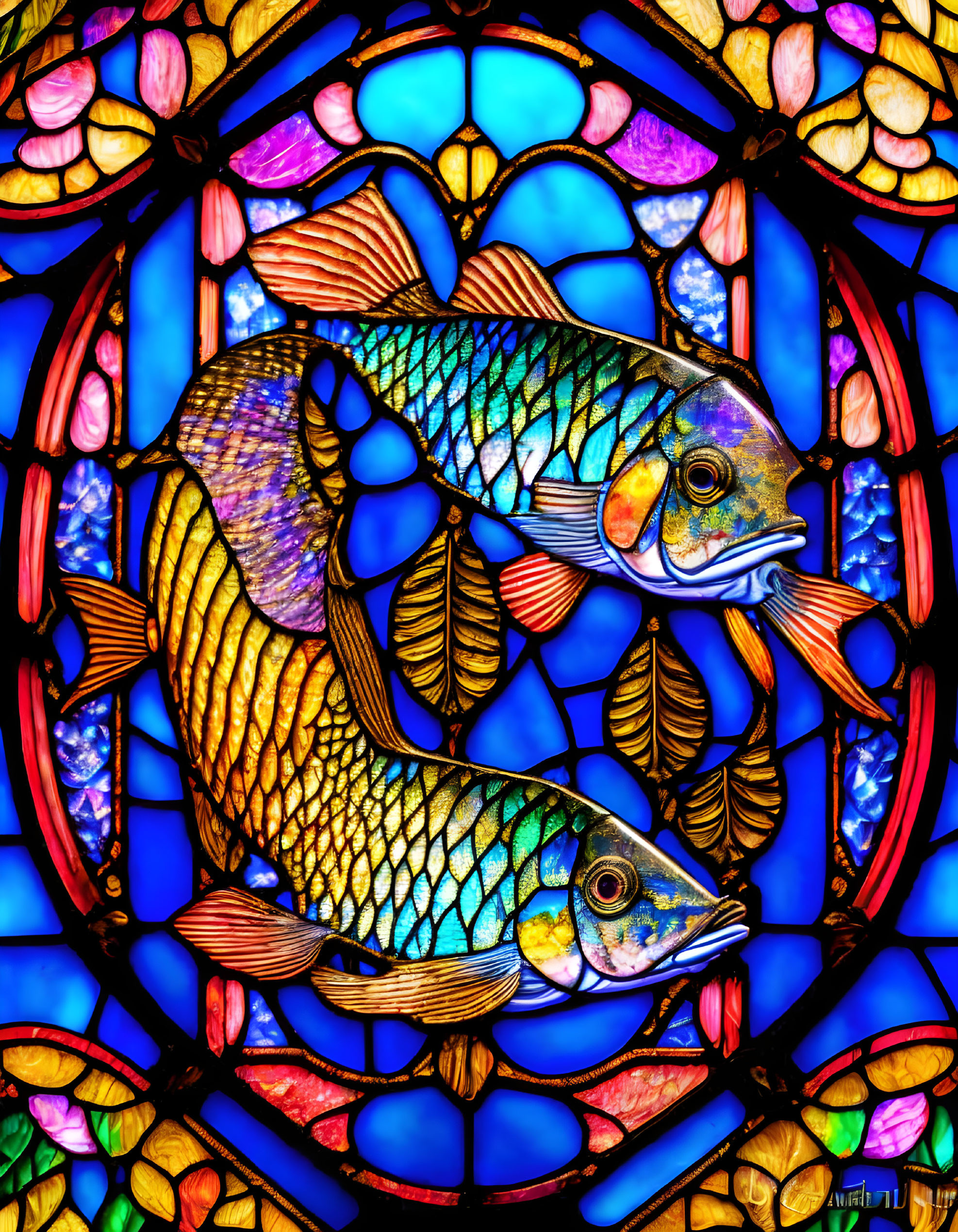 Colorful Fish and Aquatic Plants in Vibrant Stained Glass Window