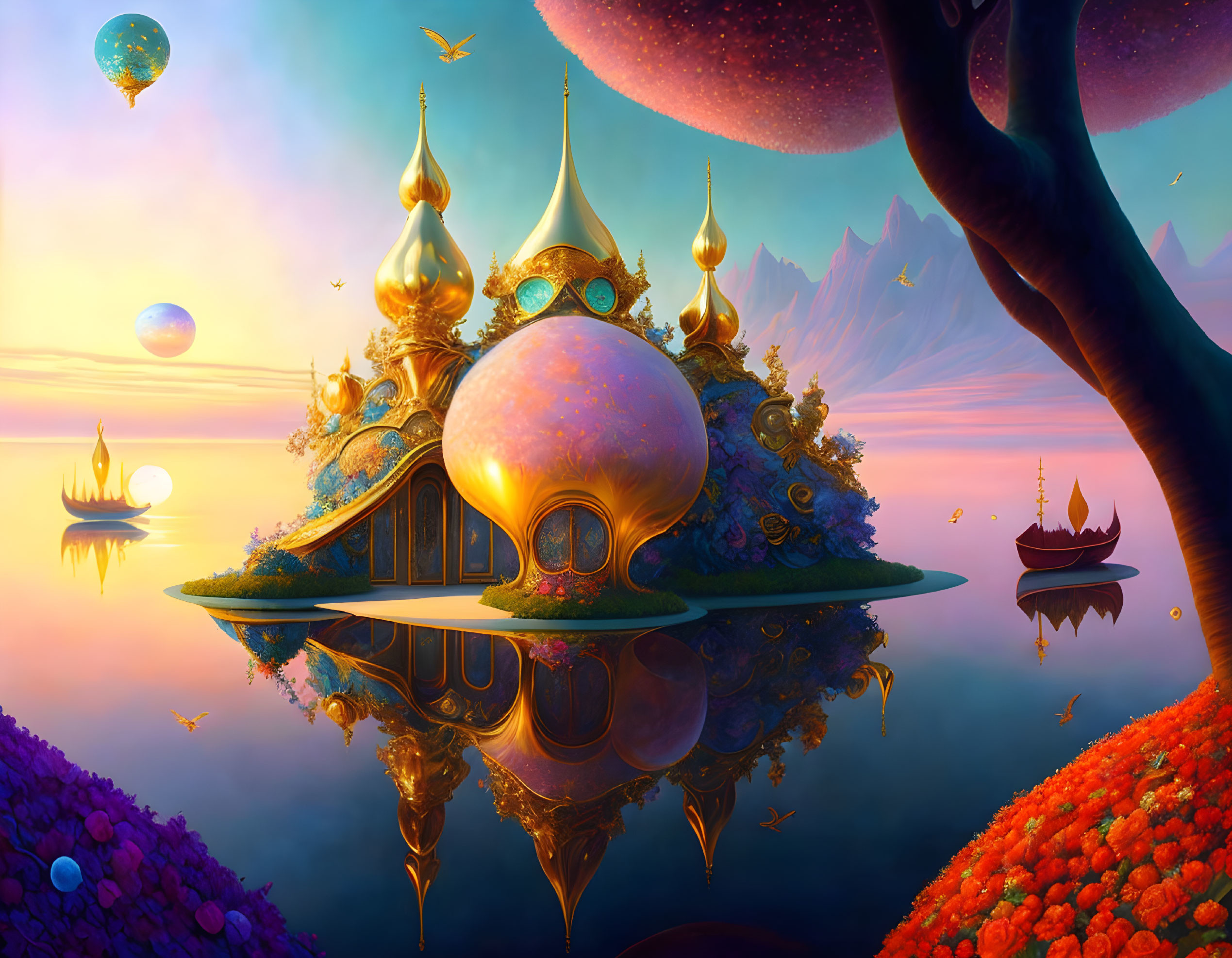 Vibrant palace and colorful landscape with floating ships and hot air balloons