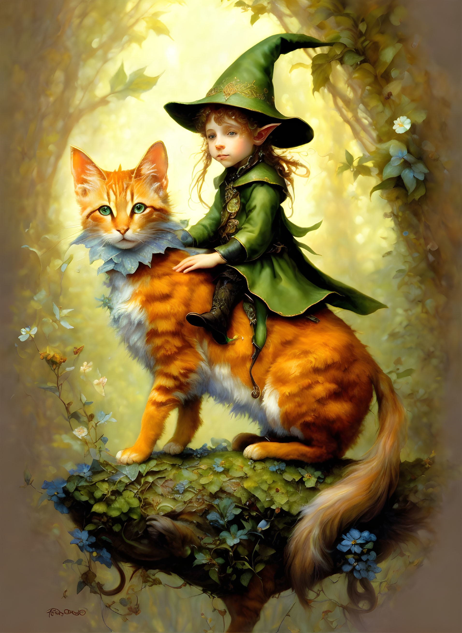 Child as forest fairy riding giant orange tabby cat in lush setting