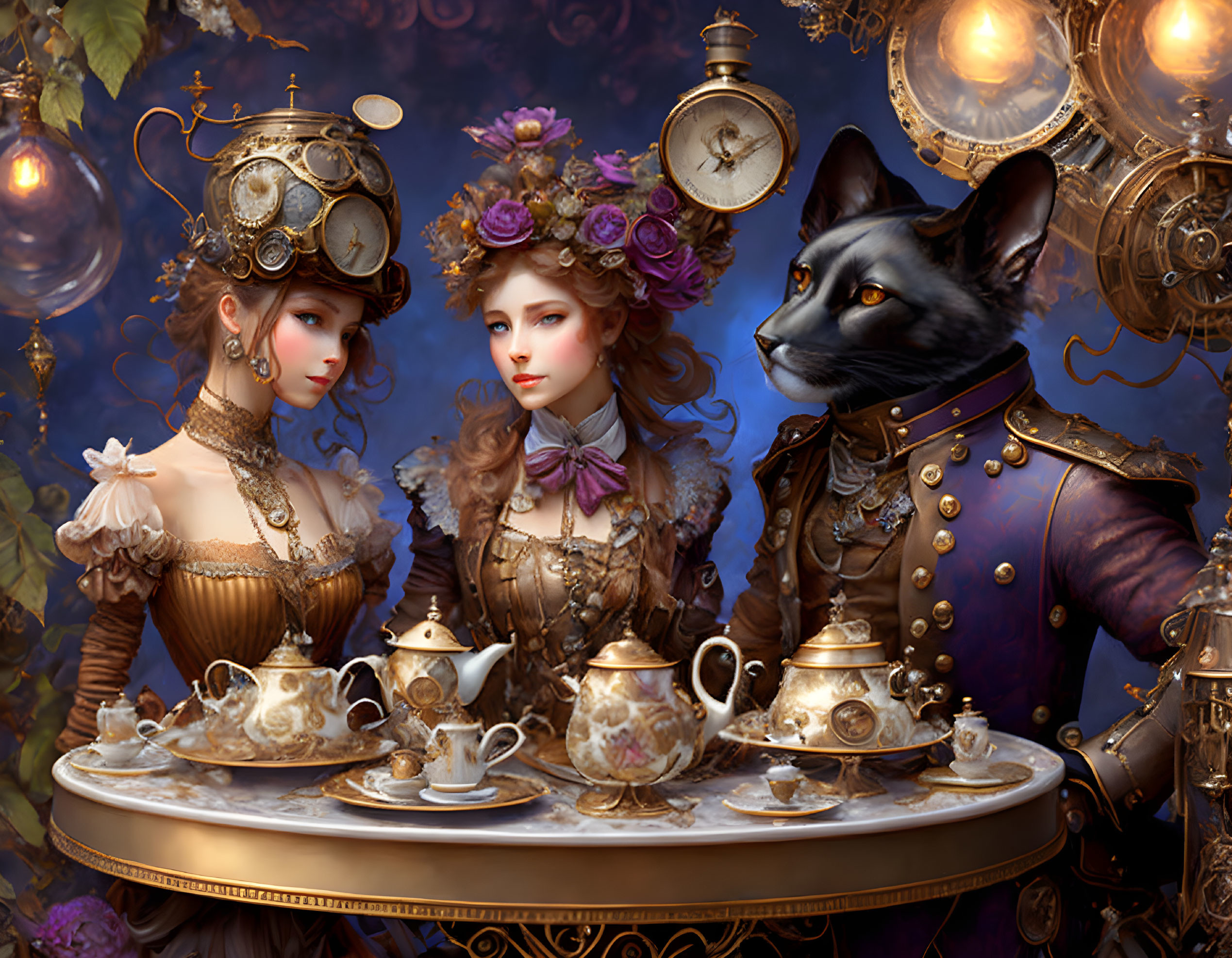 Victorian steampunk tea party with anthropomorphic cat and elegant figures