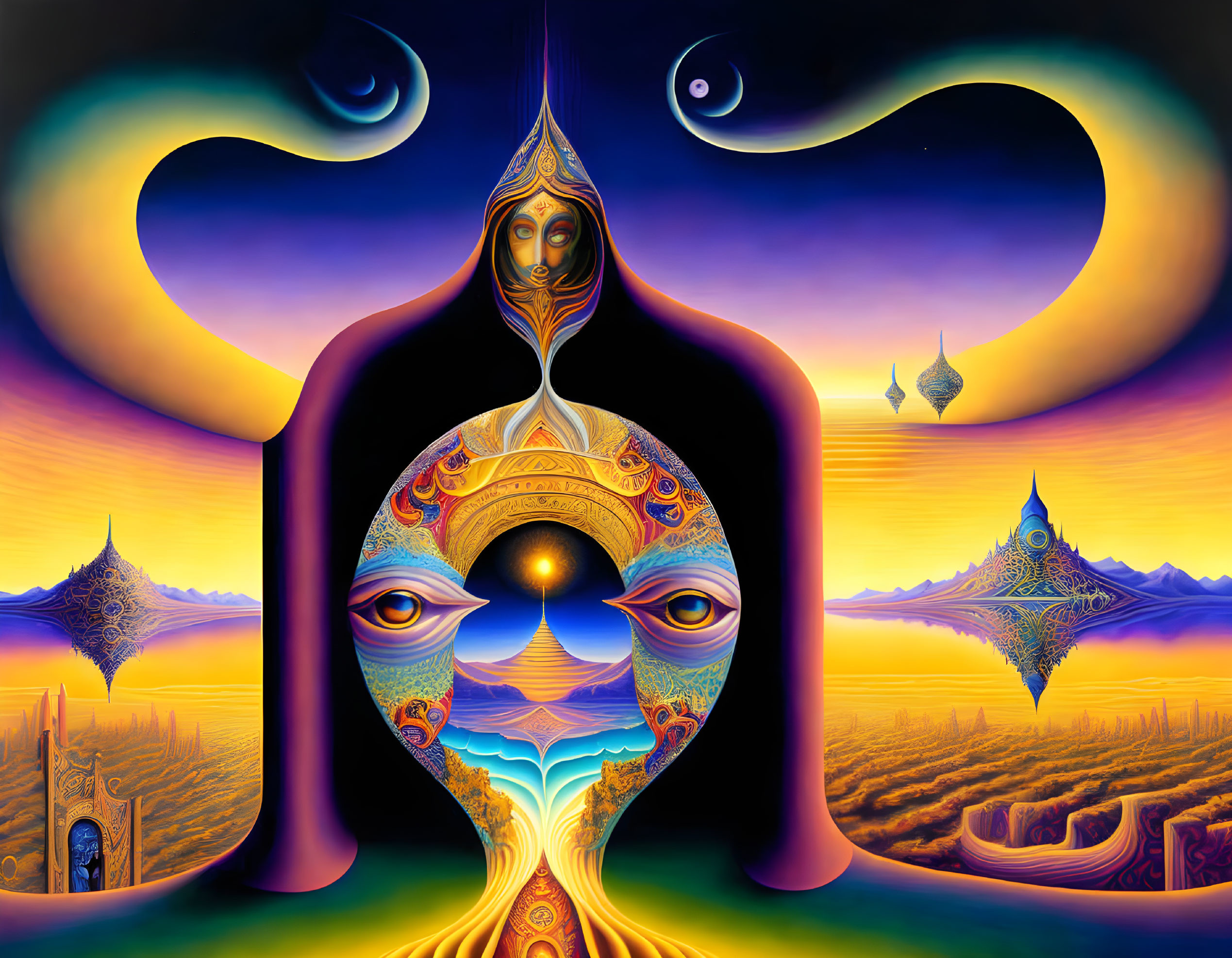 Colorful Psychedelic Artwork Featuring Abstract Human Figure and Cosmic Elements