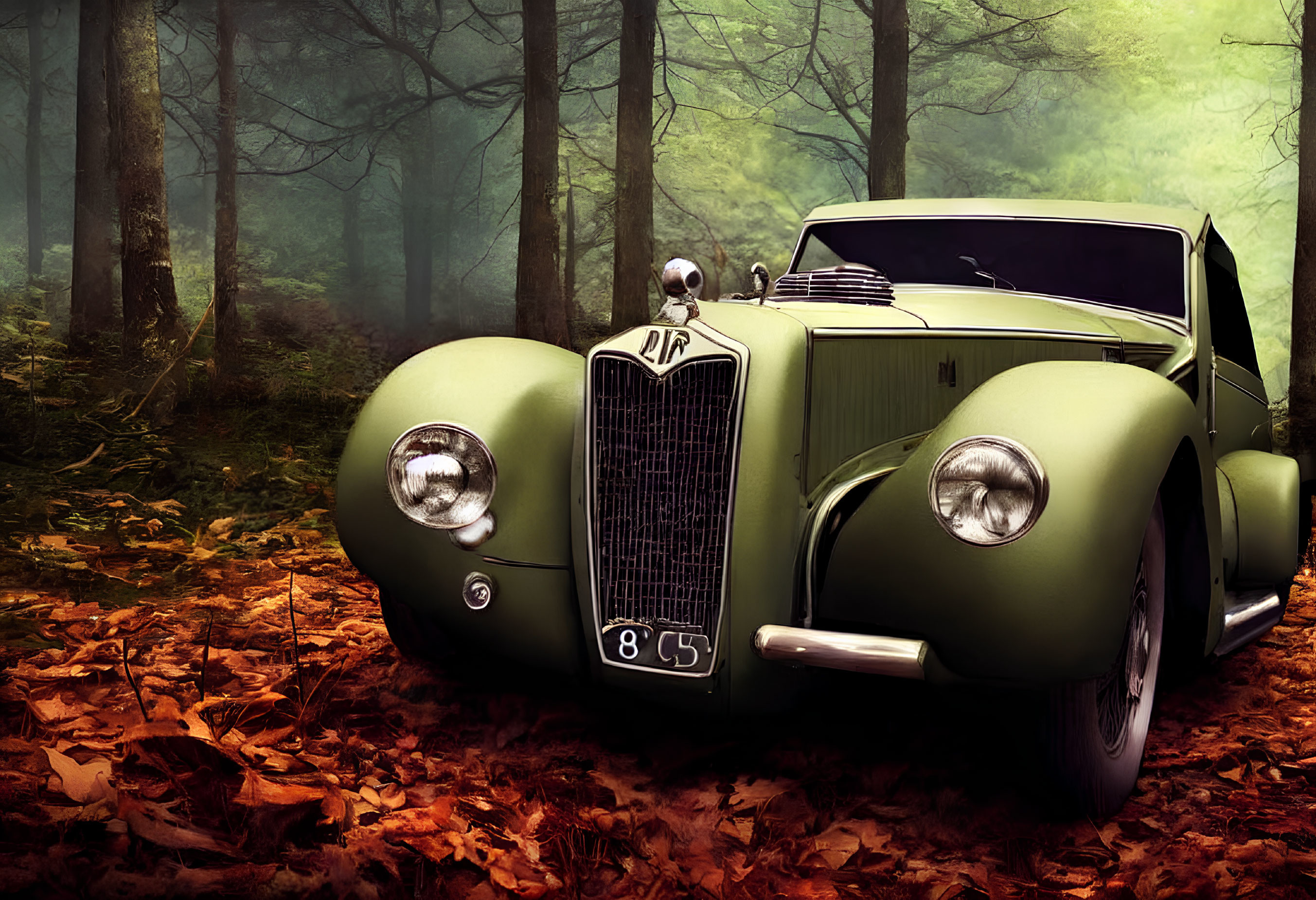 Vintage Green Car Parked in Forest with Dense Fog and Autumn Leaves