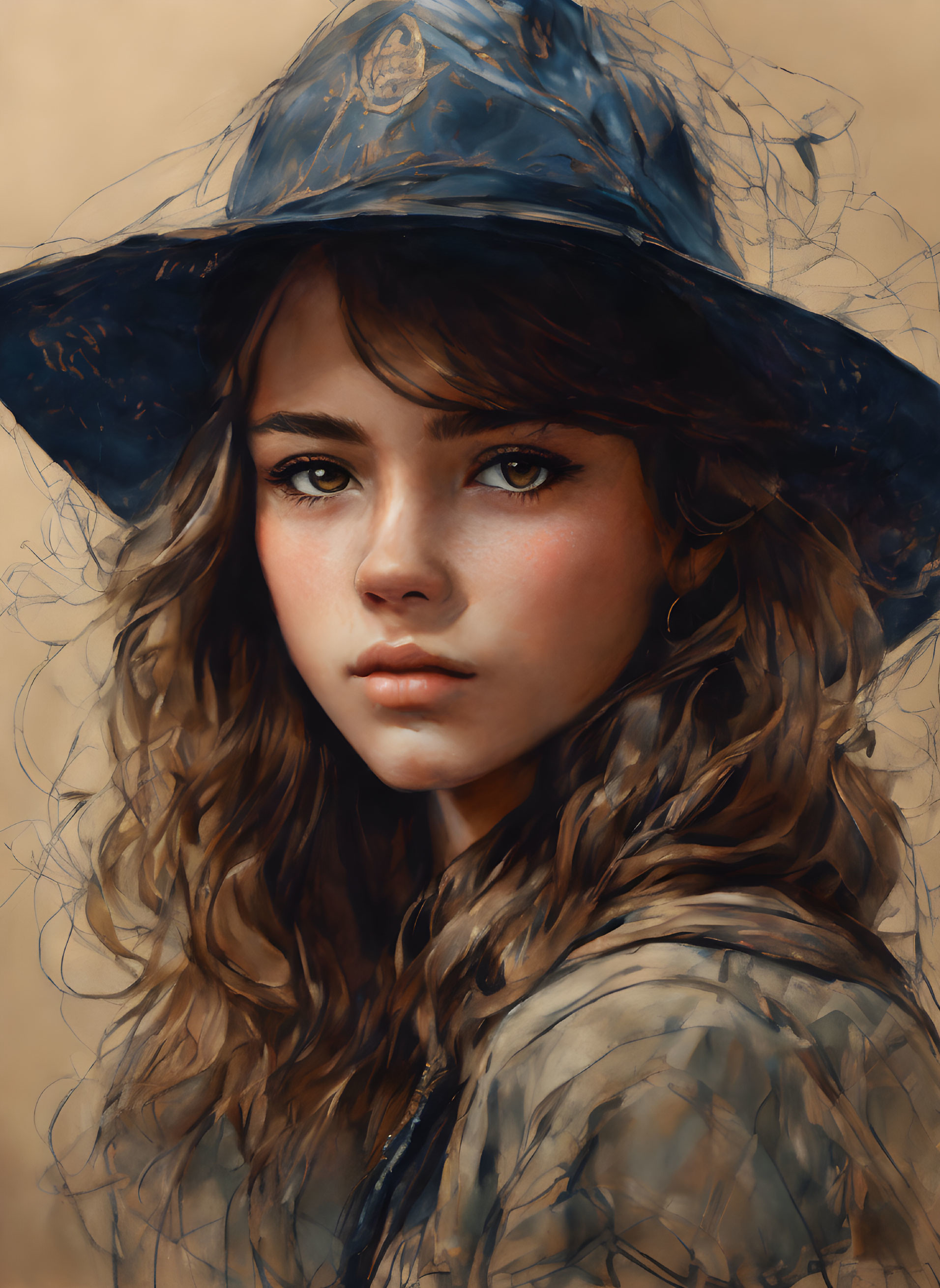 Young girl with wavy hair in blue wide-brimmed hat and brown eyes