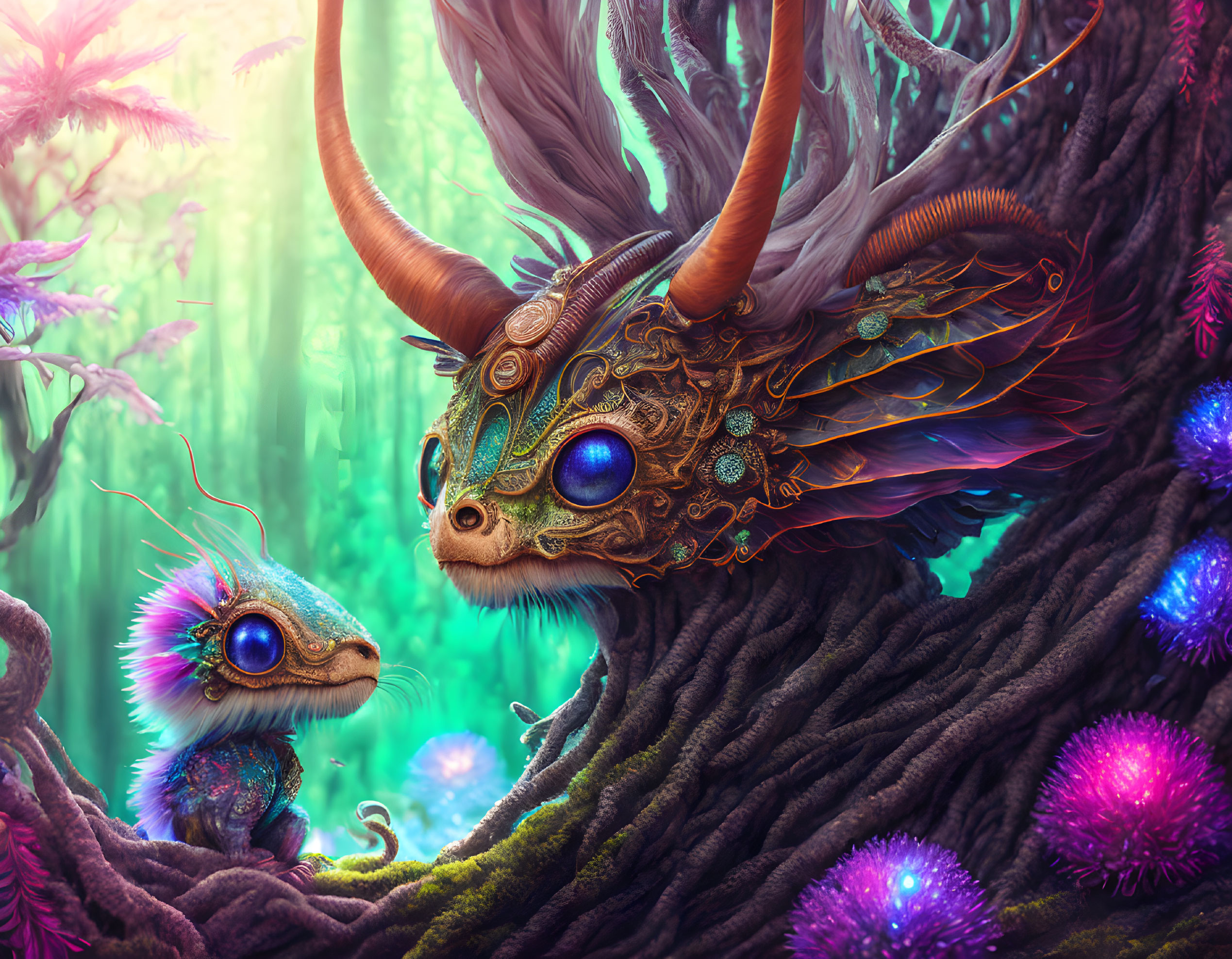 Vibrant blue-eyed creatures with ornate horns in neon alien forest