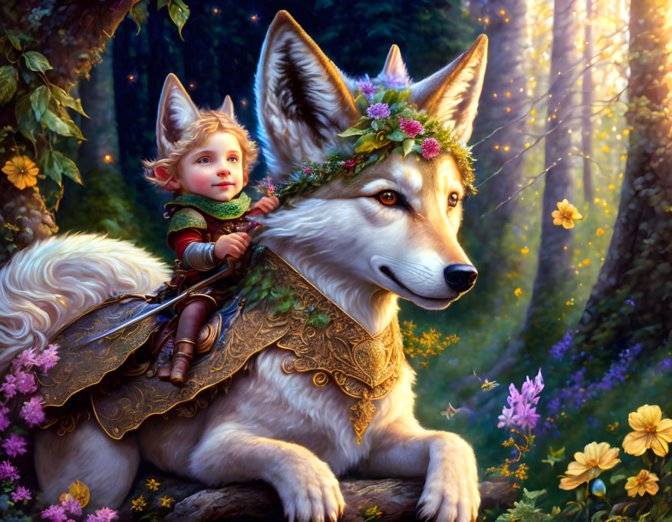 Child with elfin features rides majestic wolf in enchanted forest