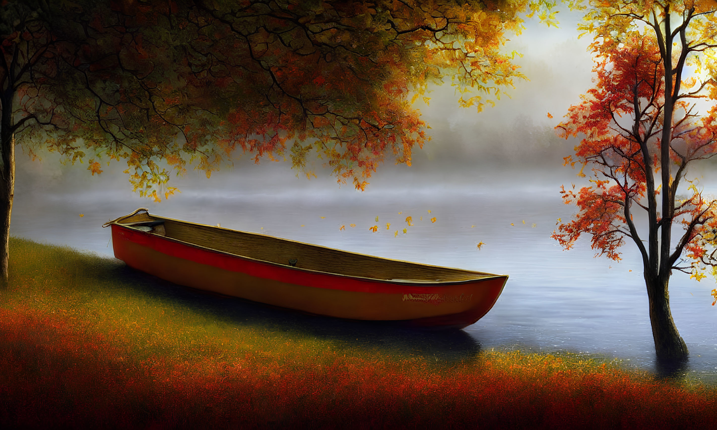 Tranquil autumn landscape with red canoe by misty lake