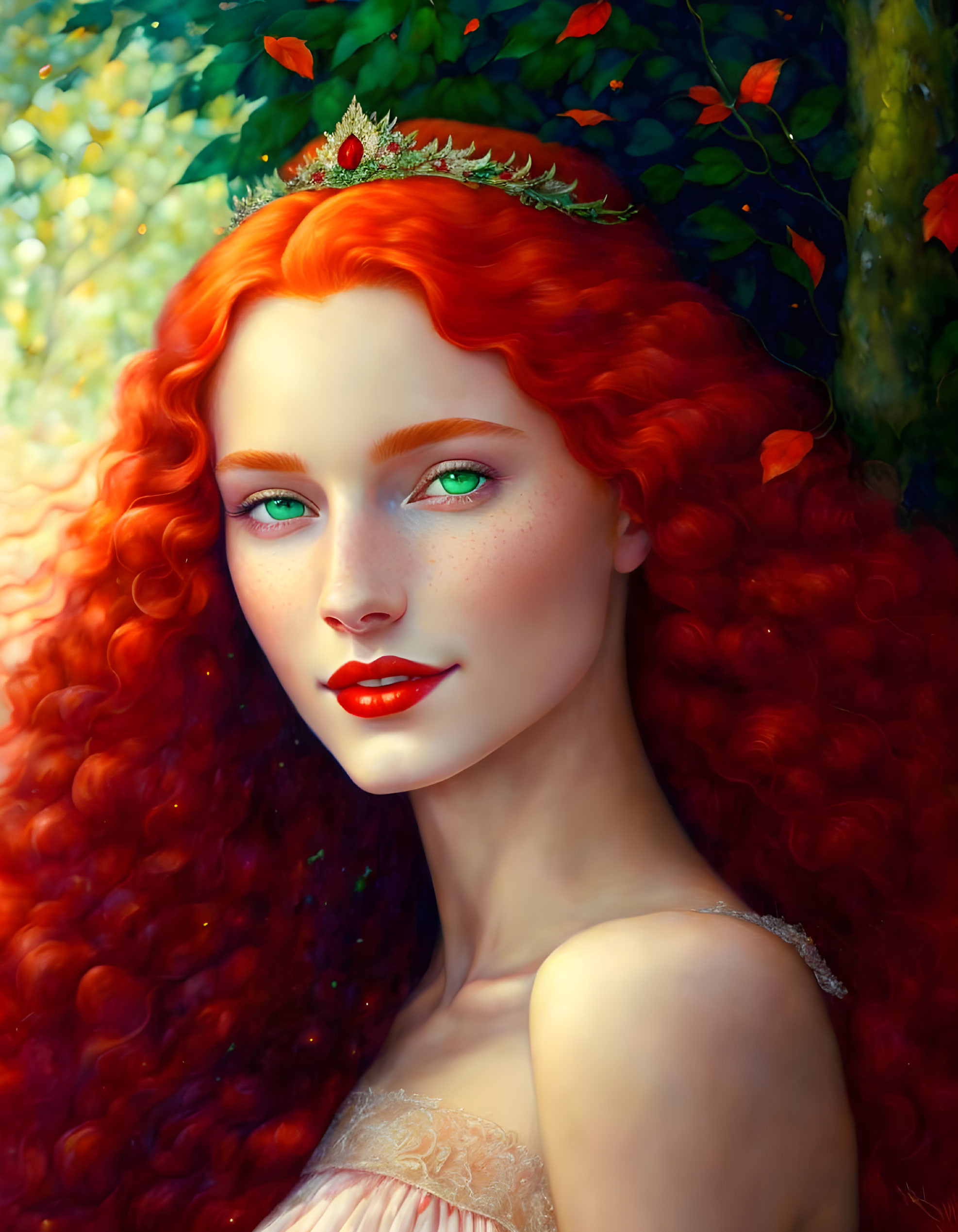 Vibrant red hair and emerald eyes in portrait with crown and foliage.