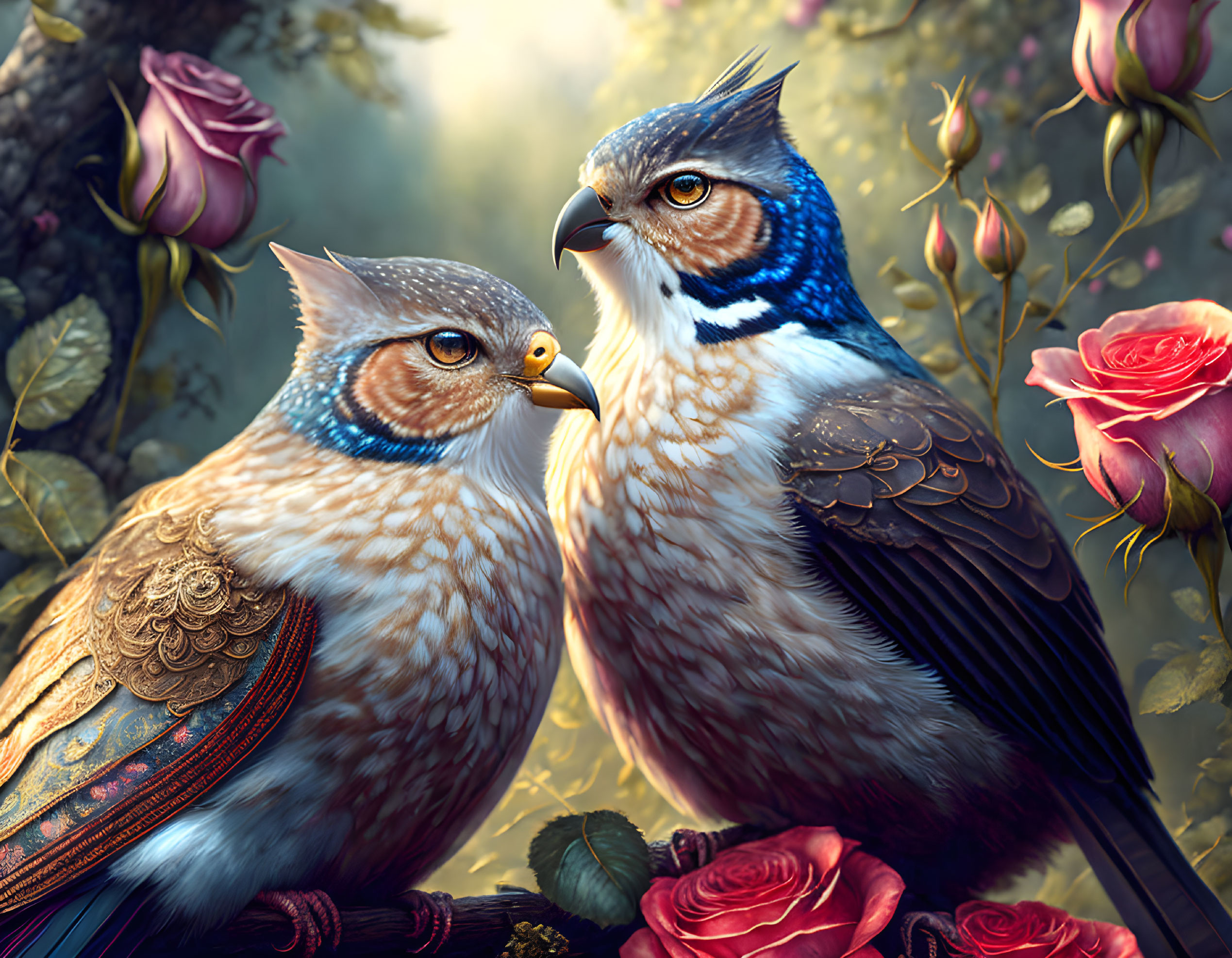 Intricately Detailed Owls Among Vibrant Roses in Enchanted Forest