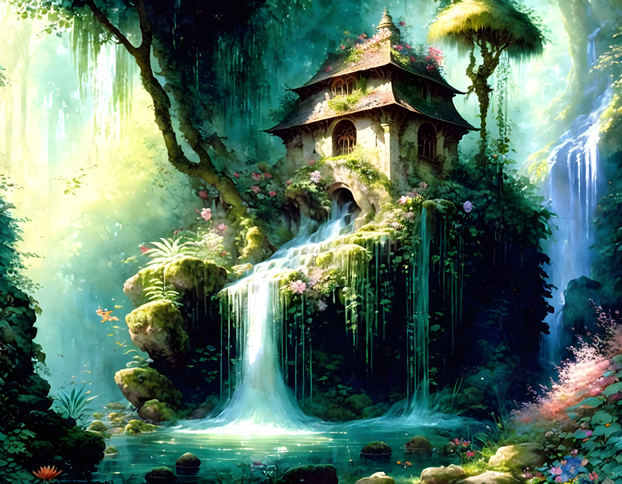 Enchanting forest scene with ancient house atop waterfall