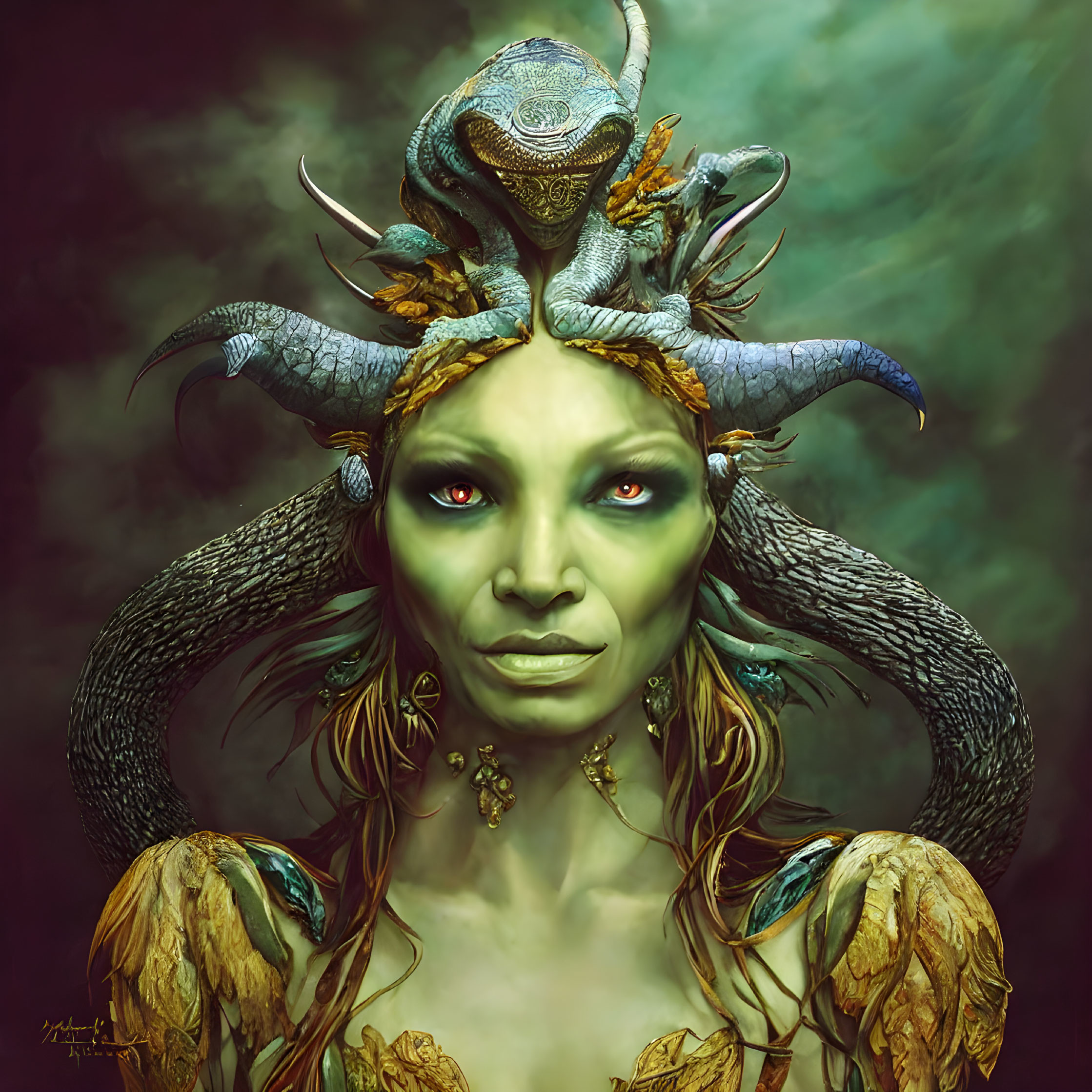 Green-skinned creature with serpent-like hair, horns, and reptilian companion in misty setting