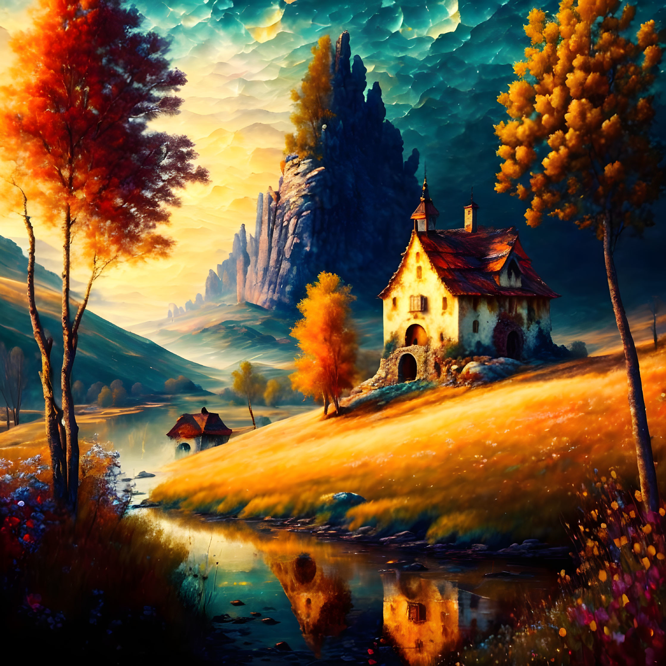 Tranquil autumn landscape with river, house, colorful trees