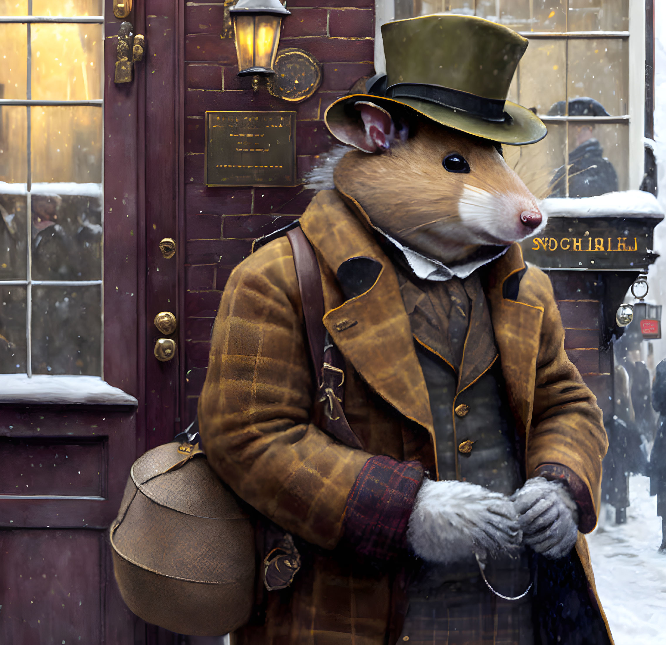 Victorian attire anthropomorphic rat with top hat and briefcase in snow-covered scene