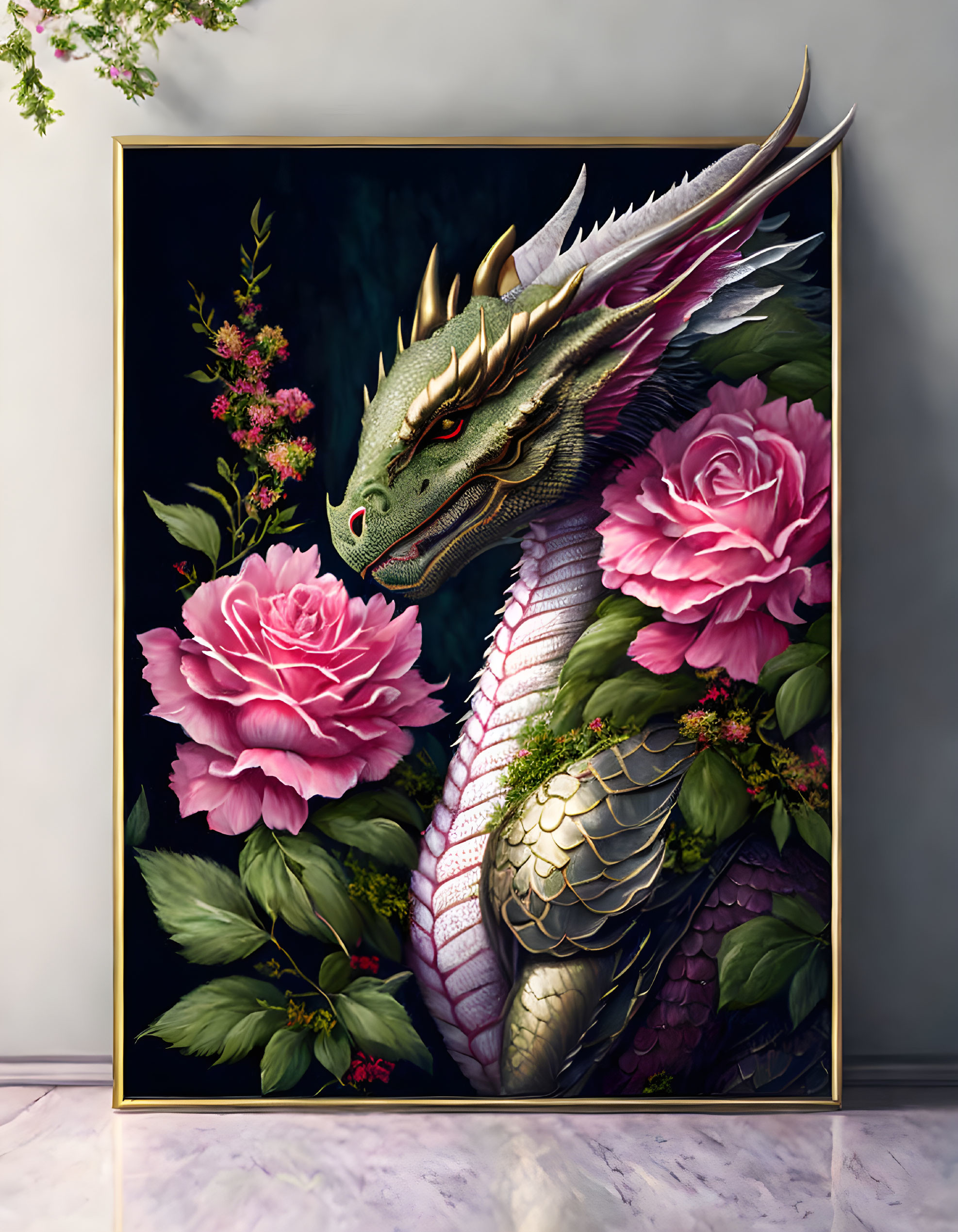 Green Dragon with Golden Accents Among Pink Roses in Framed Artwork