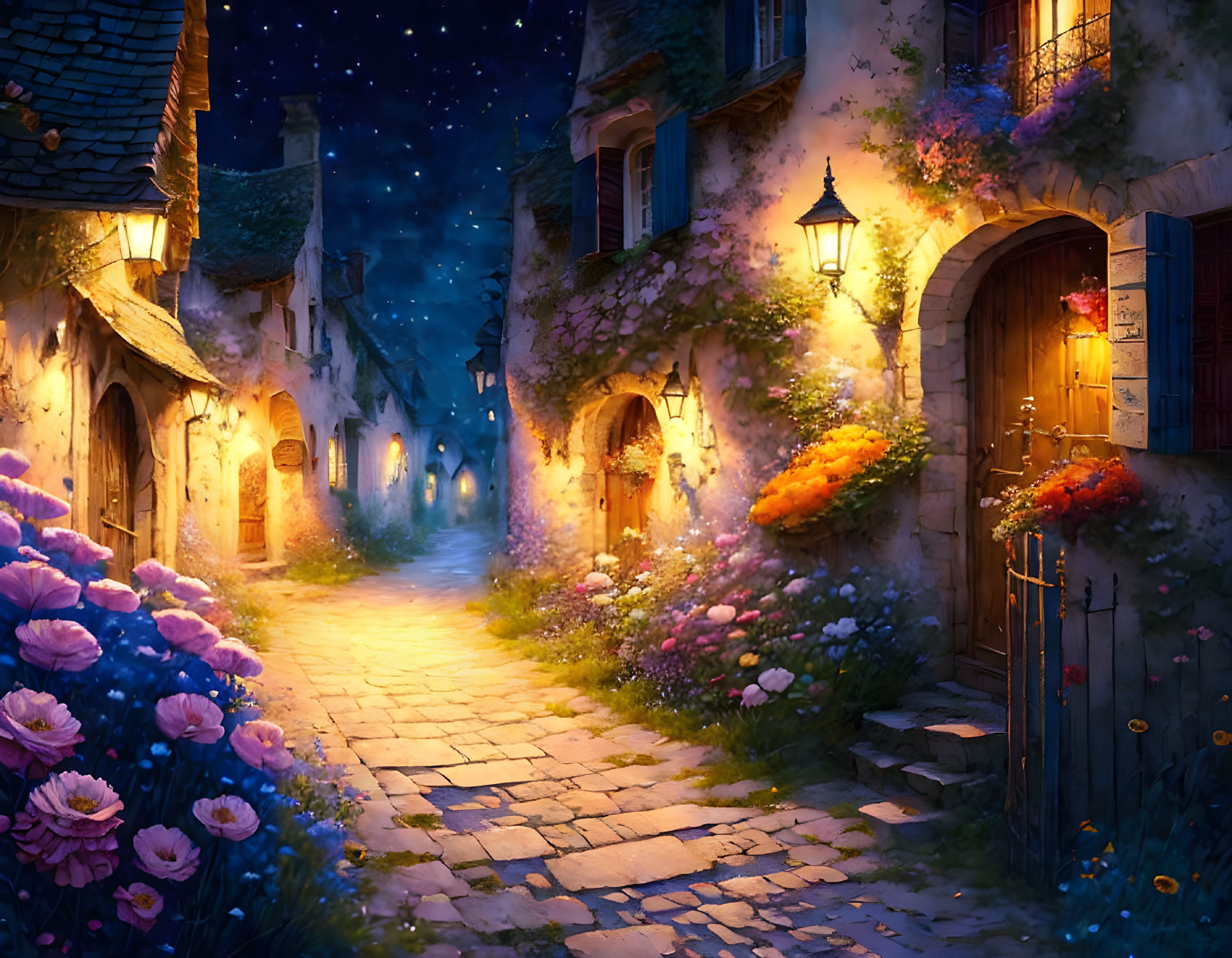 Quaint cobblestone street at night with warm lanterns and vibrant flowers