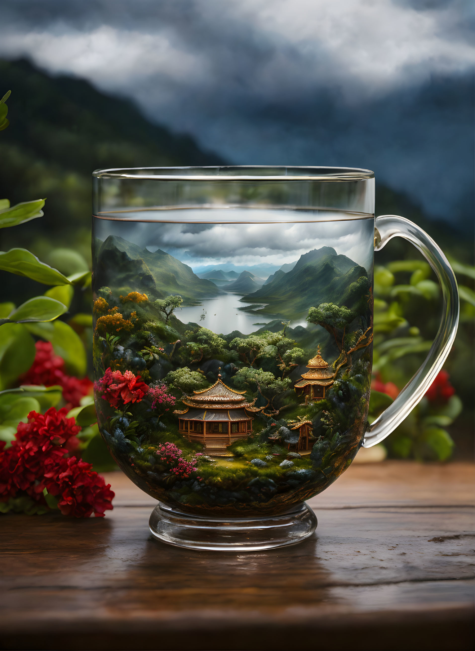 Transparent tea cup with serene landscape painting of mountains, pagoda, trees, lake, real flowers,