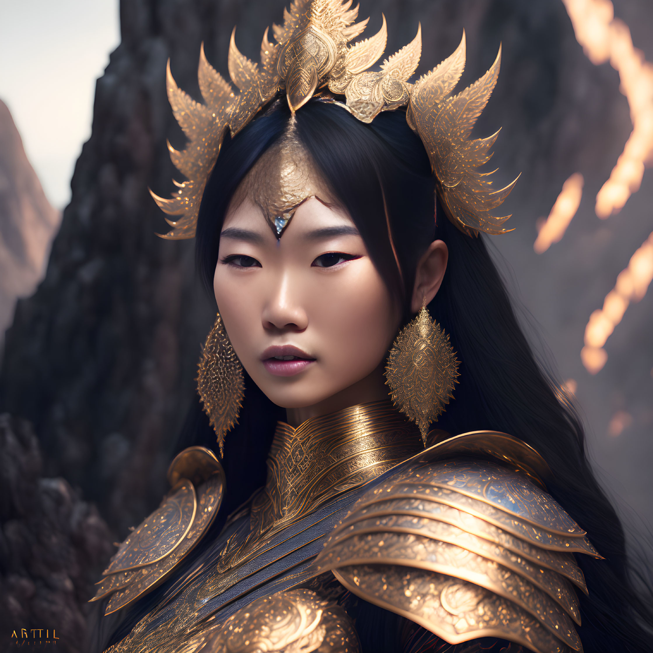 Regal woman in golden armor and crown against dark cliffs