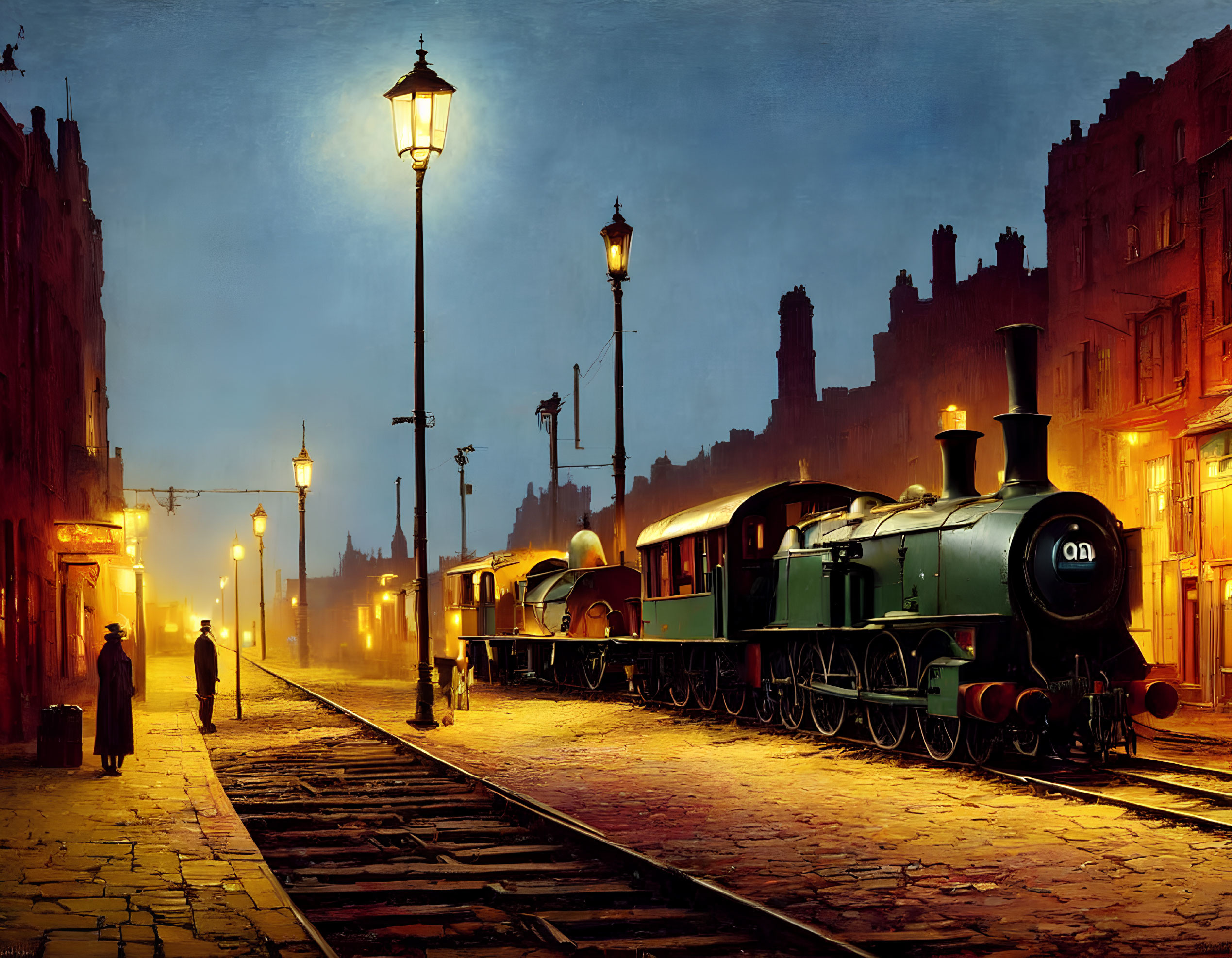 Vintage steam locomotive at dimly lit train station with moonlit sky, people on platform, Victorian