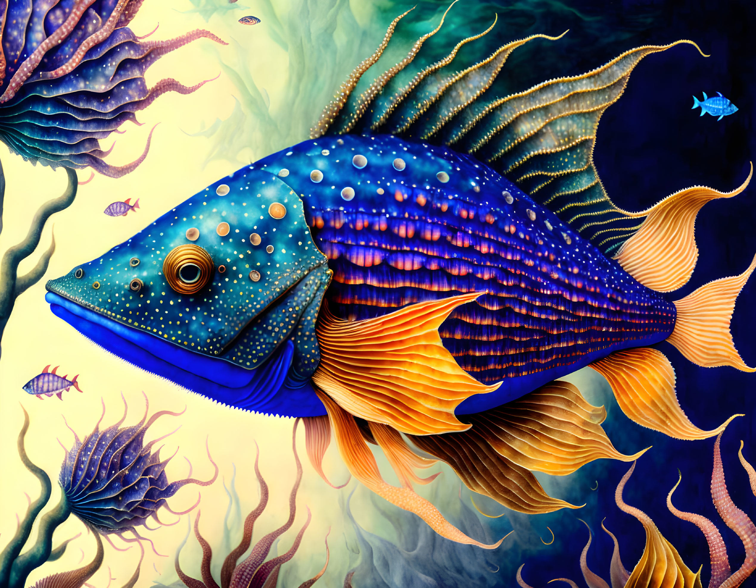 Detailed digital artwork: Blue fish with gold fins, intricate patterns, surrounded by jellyfish and smaller fish