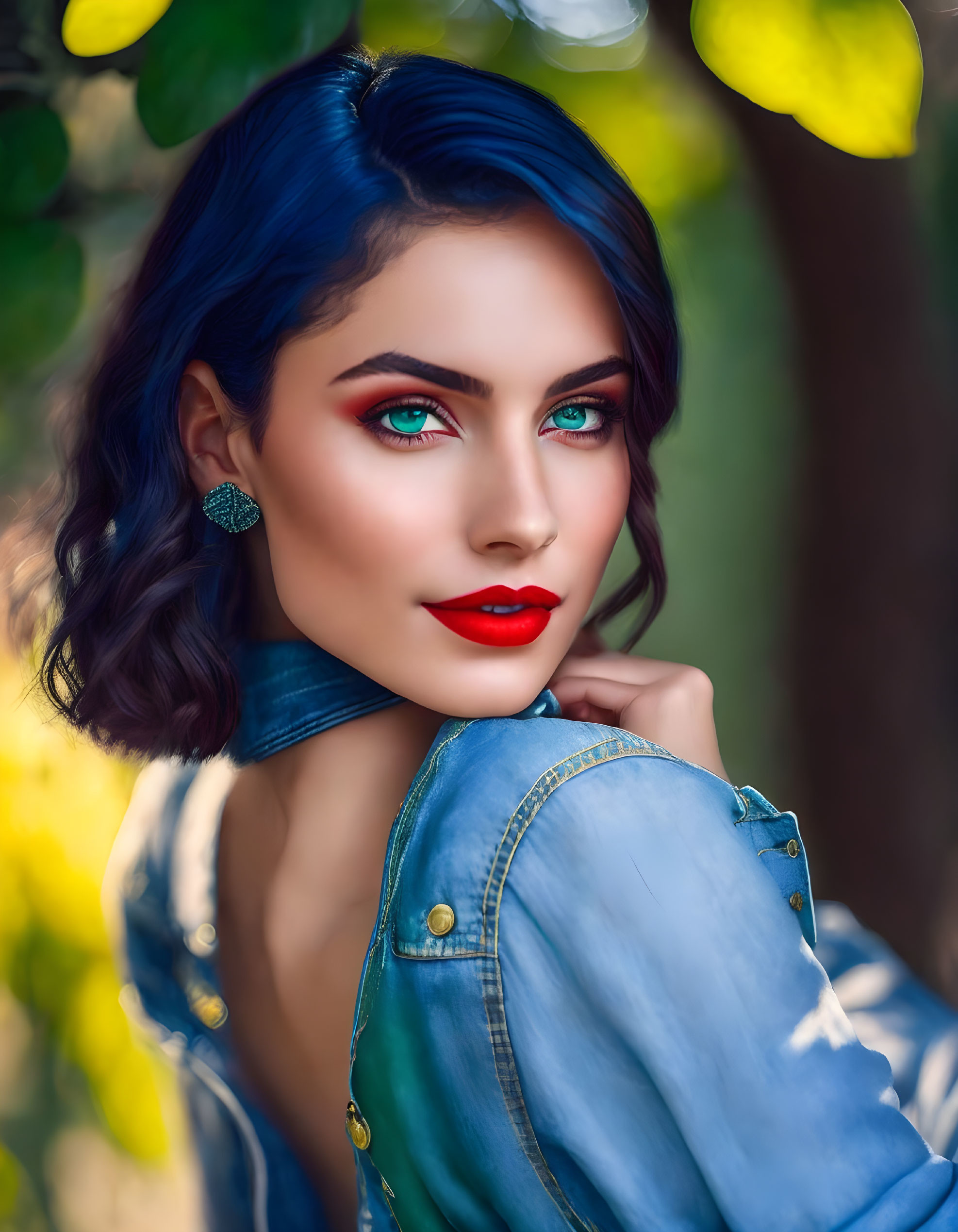 Vibrant portrait of woman with blue hair, red lipstick, and green eyes