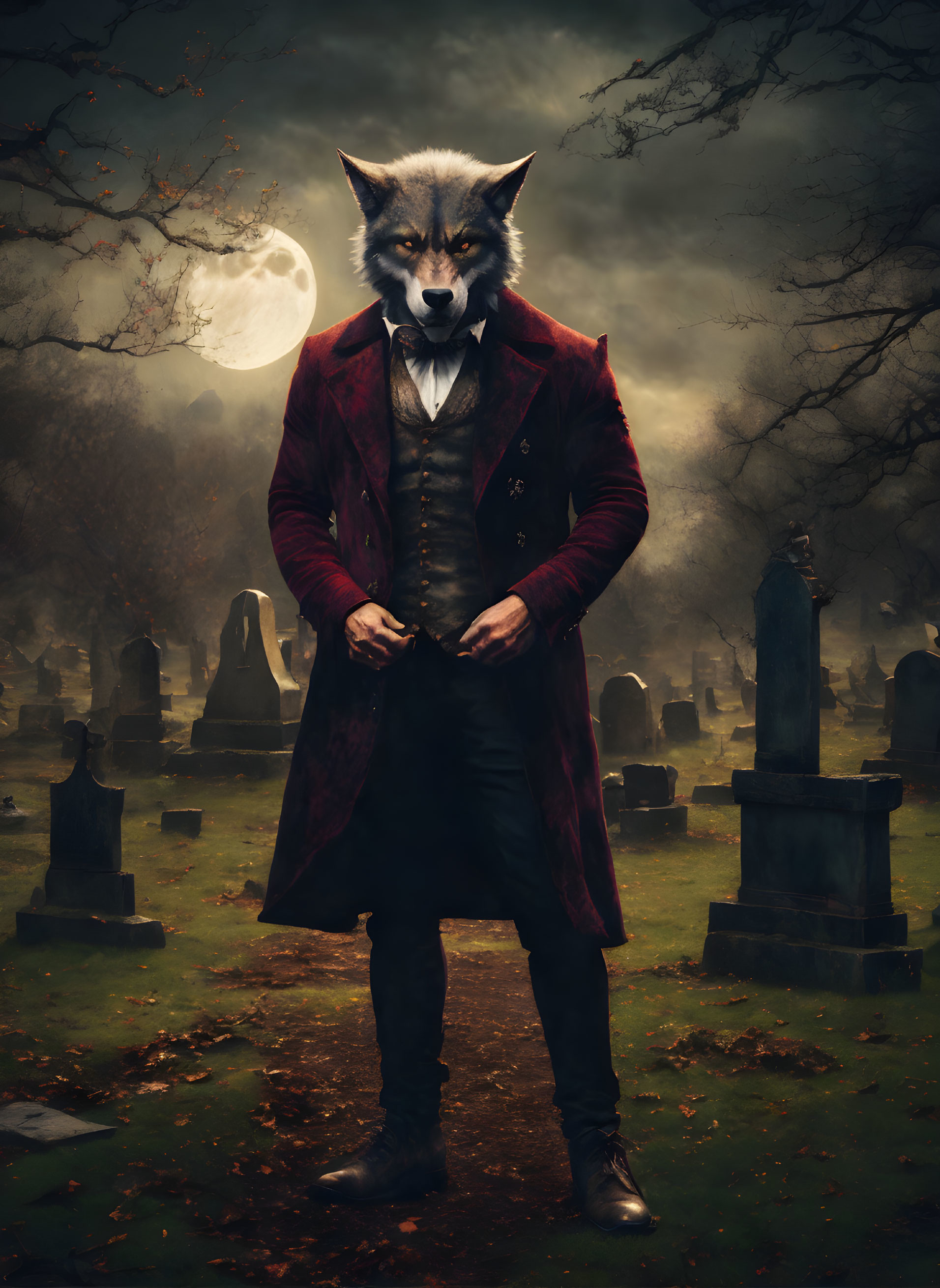 Anthropomorphic fox in 19th-century attire at misty graveyard